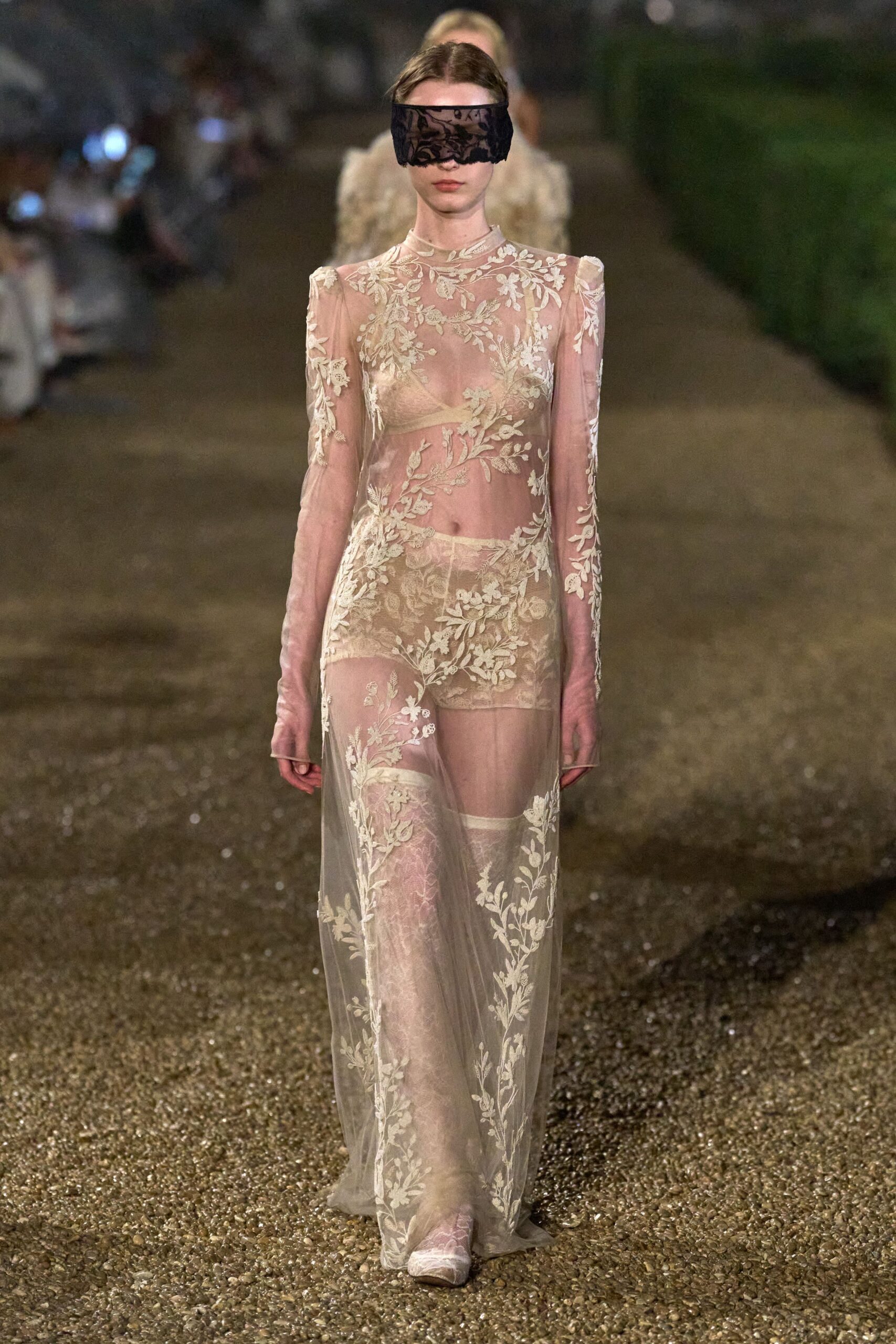 beige lace fitted gown with mask