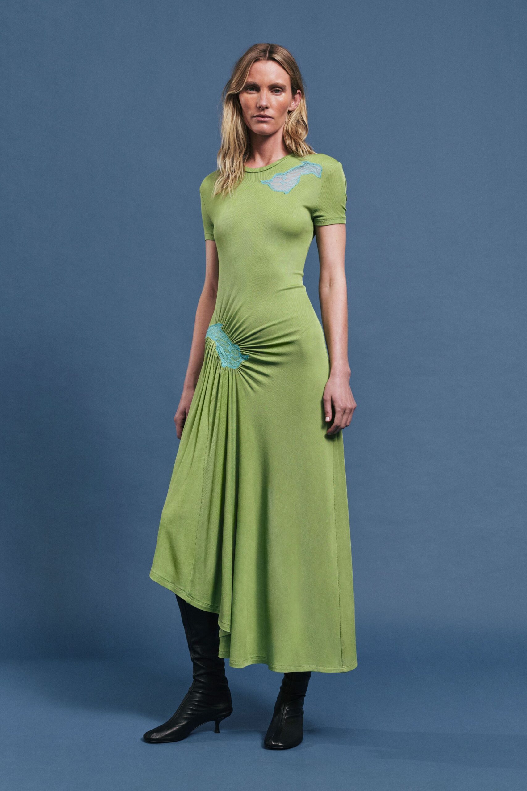 green fitted midi dress with pleats