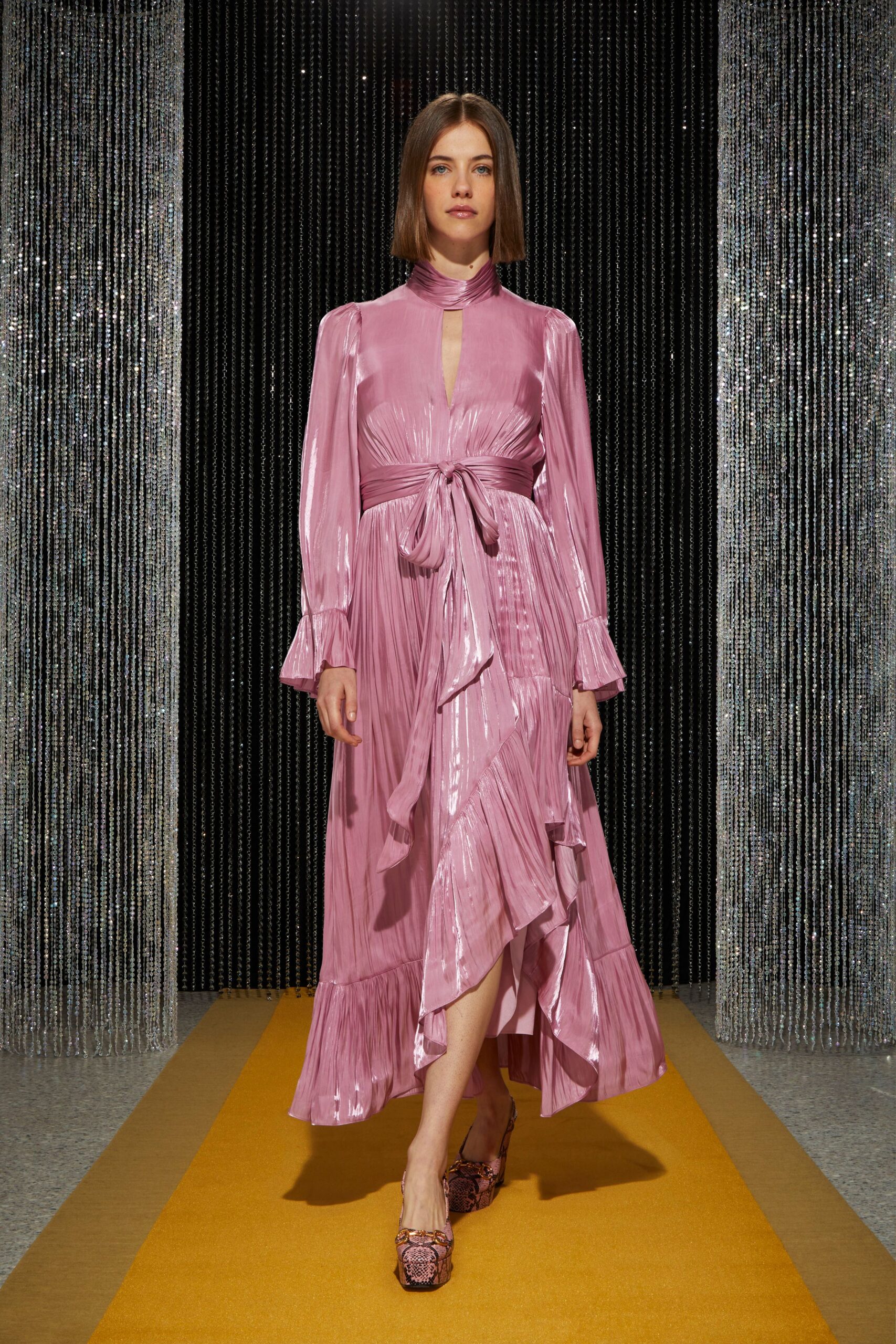 pink silk midi dress with embellished shoes