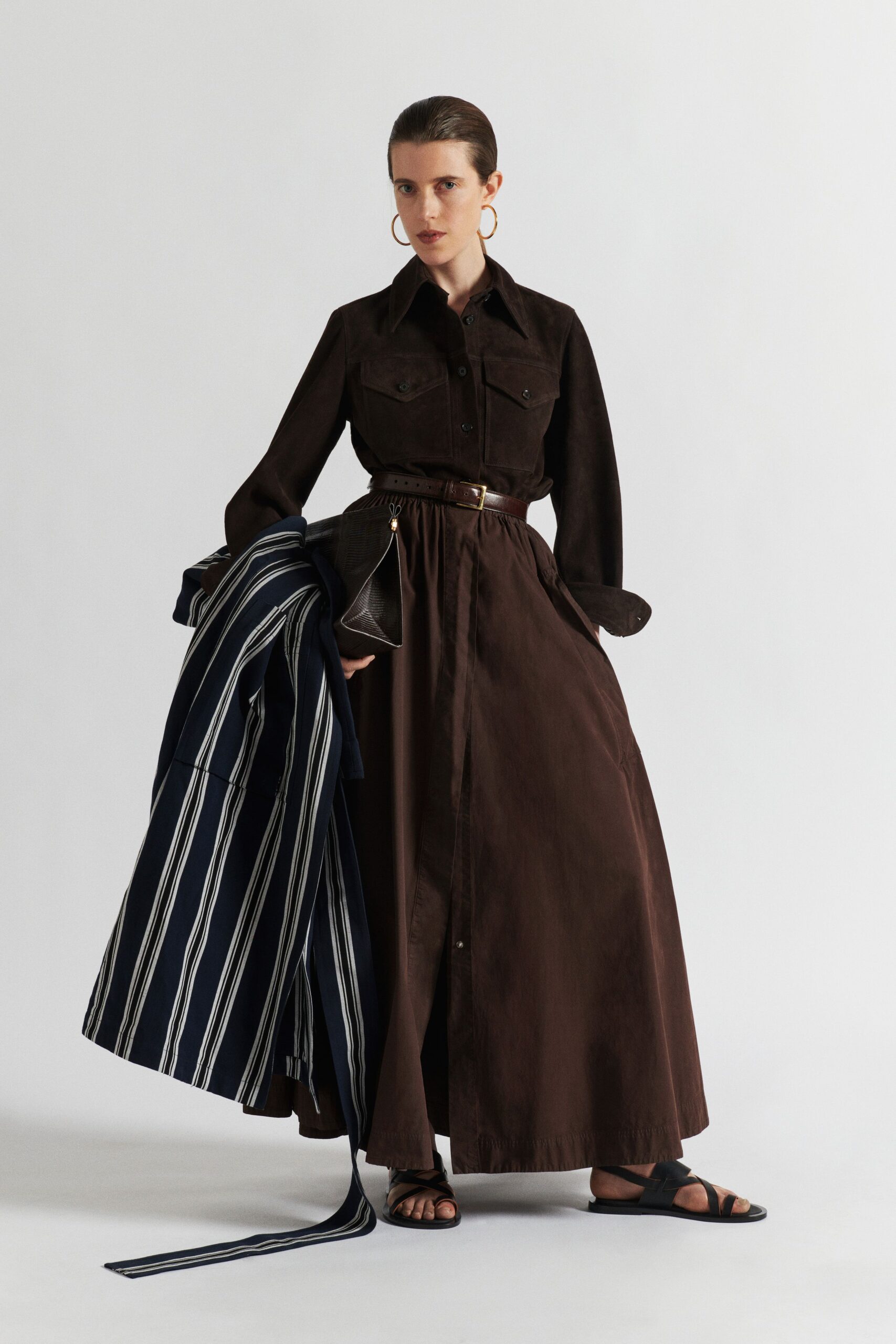 brown shirt-dress with striped jacket