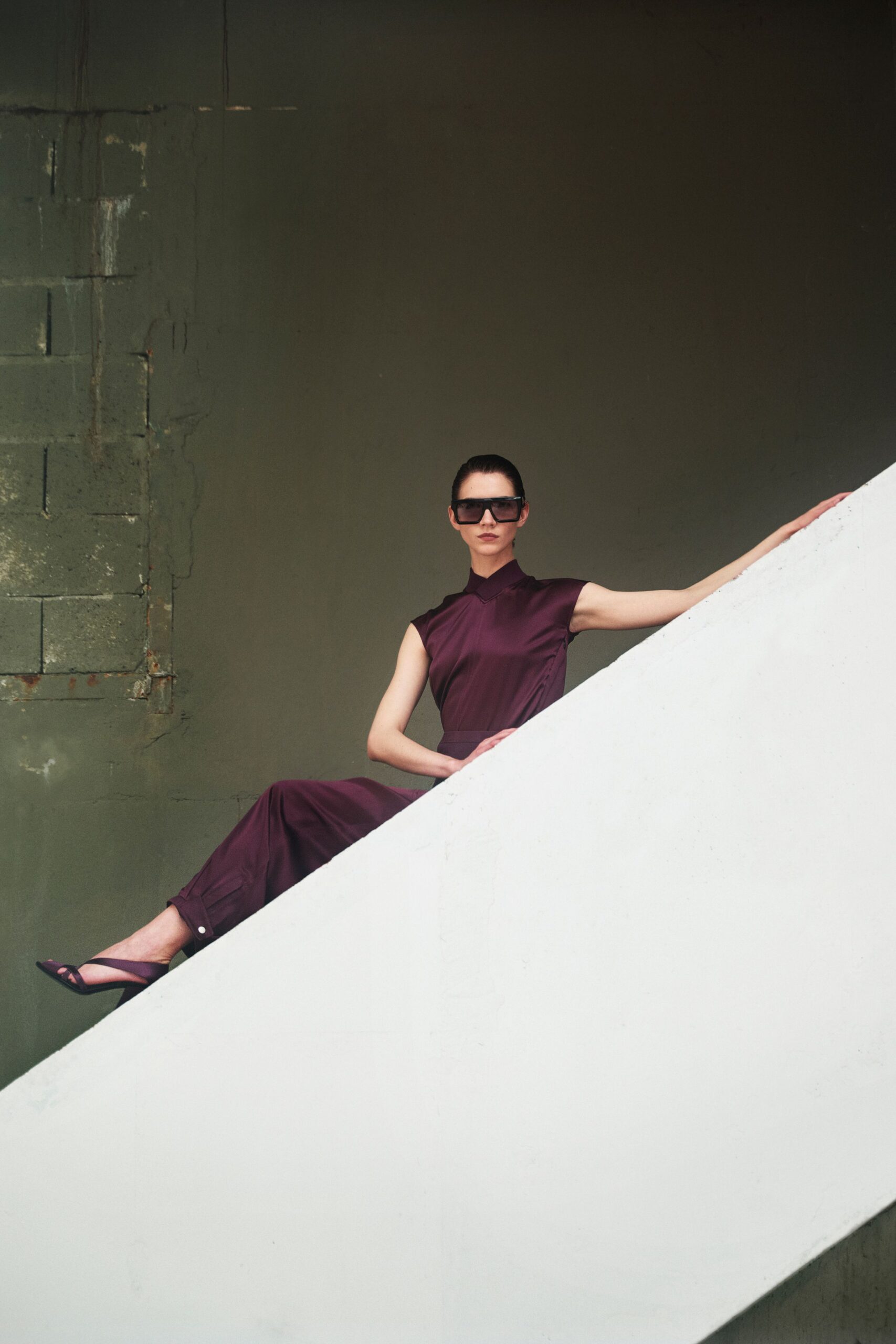 purple cotton sleeveless high-neck fitted jumpsuit