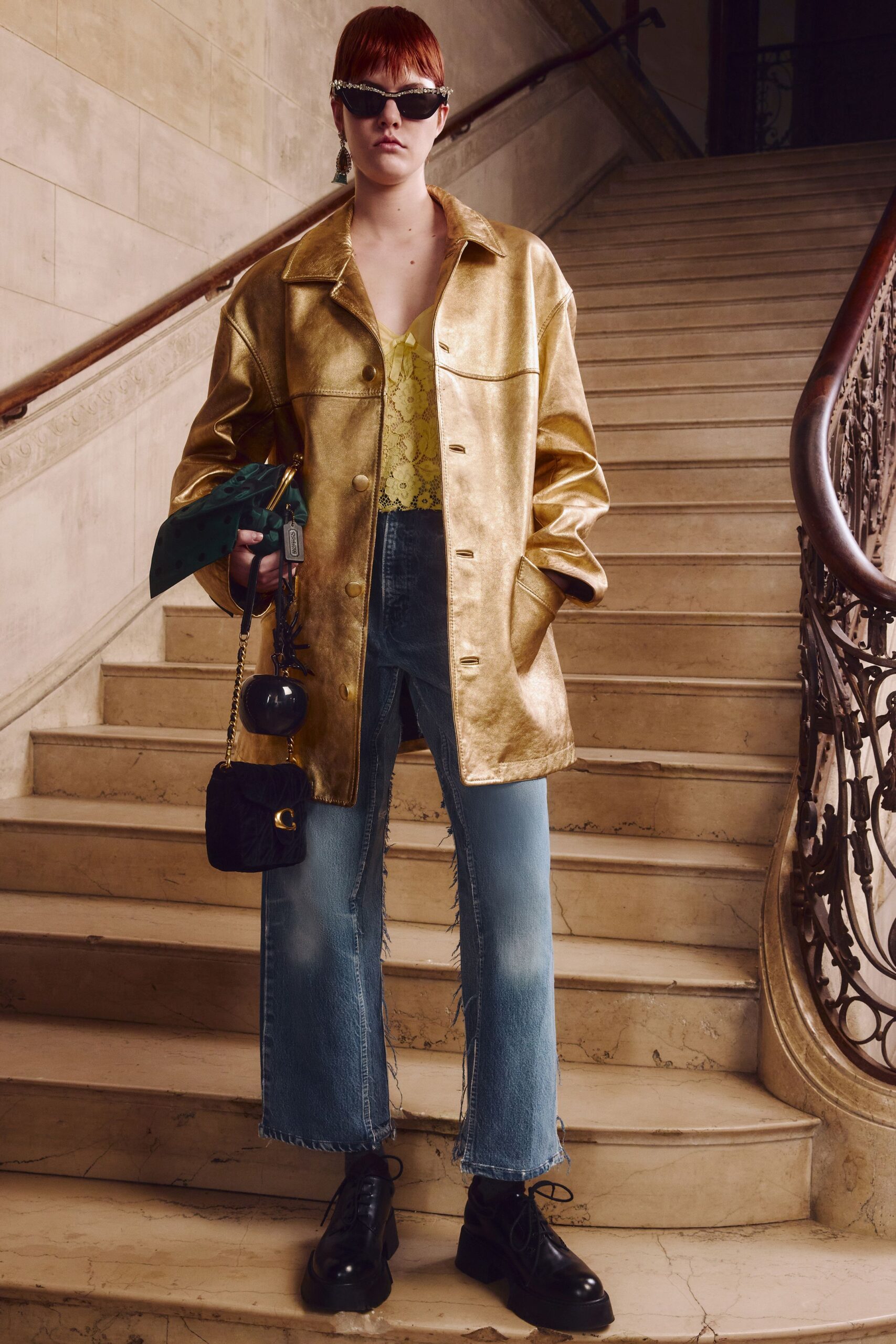 gold metallic long-sleeve collared relaxed buttoned shiny jacket