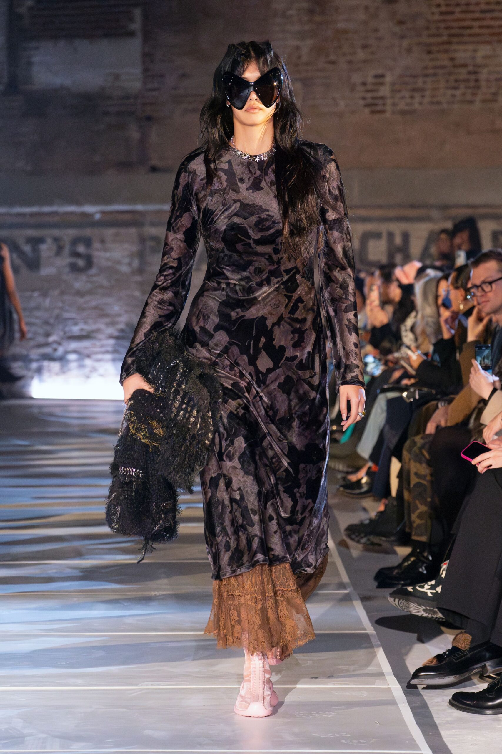 black silk long-sleeve dress