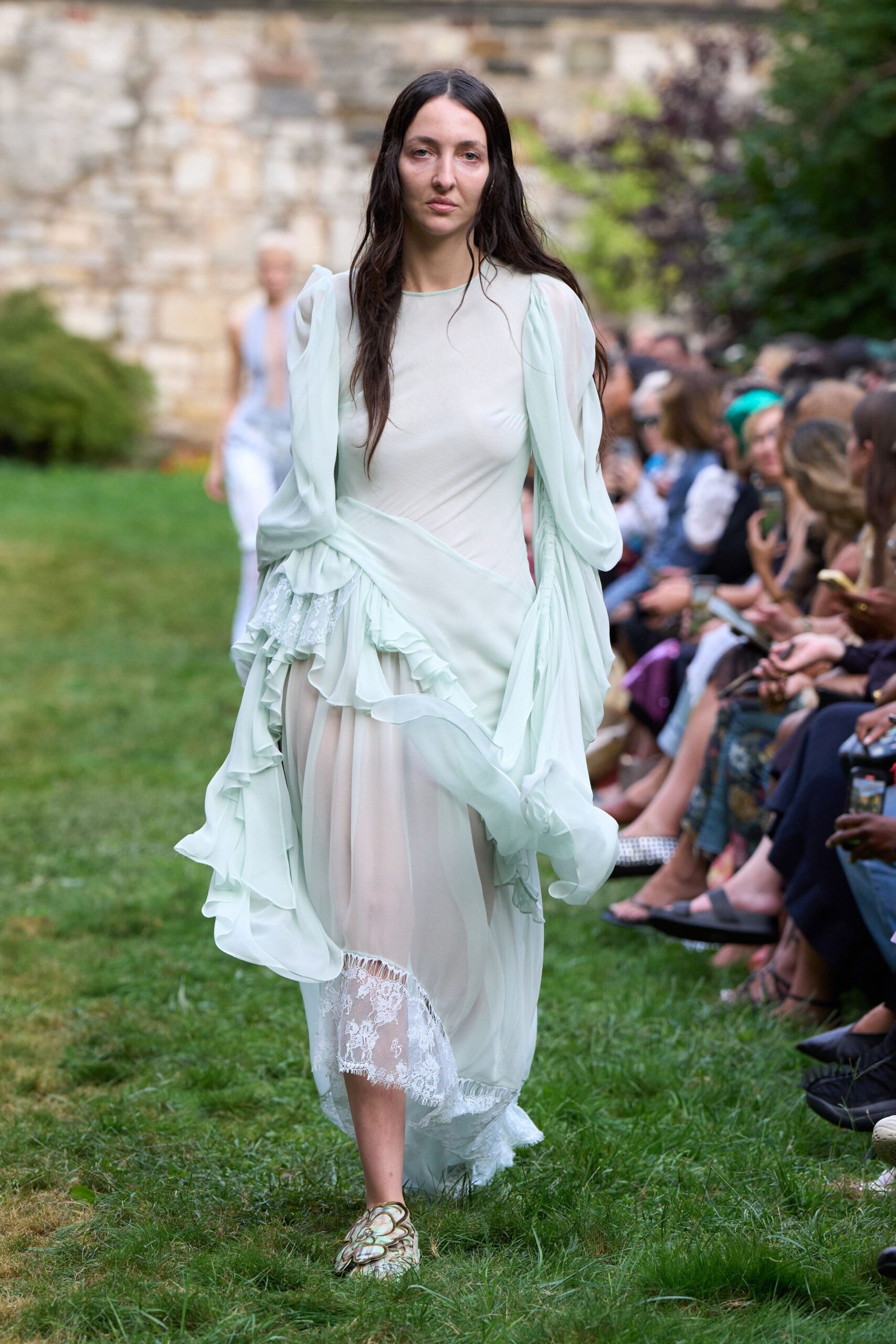 green silk long-sleeve v-neck fitted layered ruffled dress