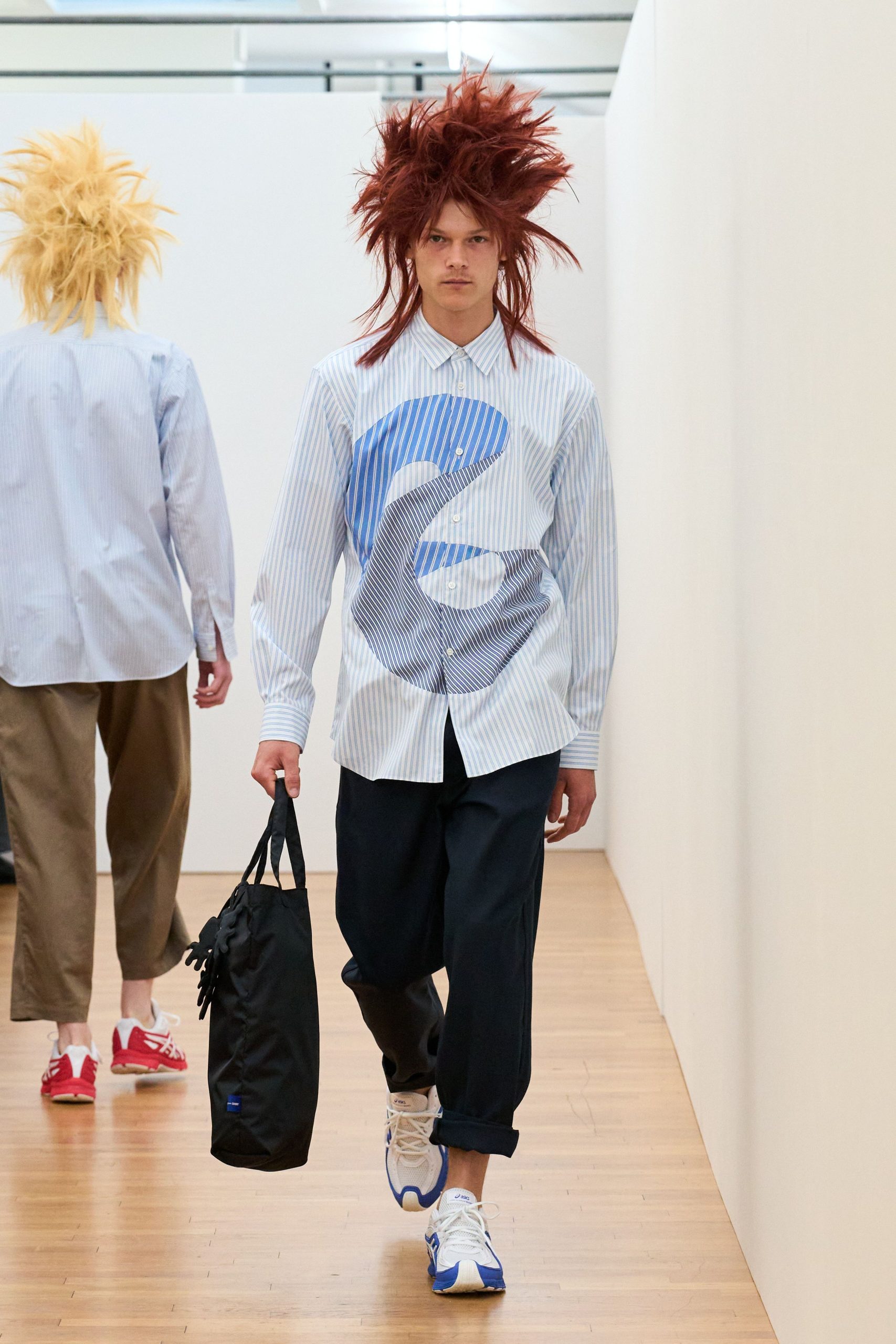 relaxed blue and white shirt with black pants