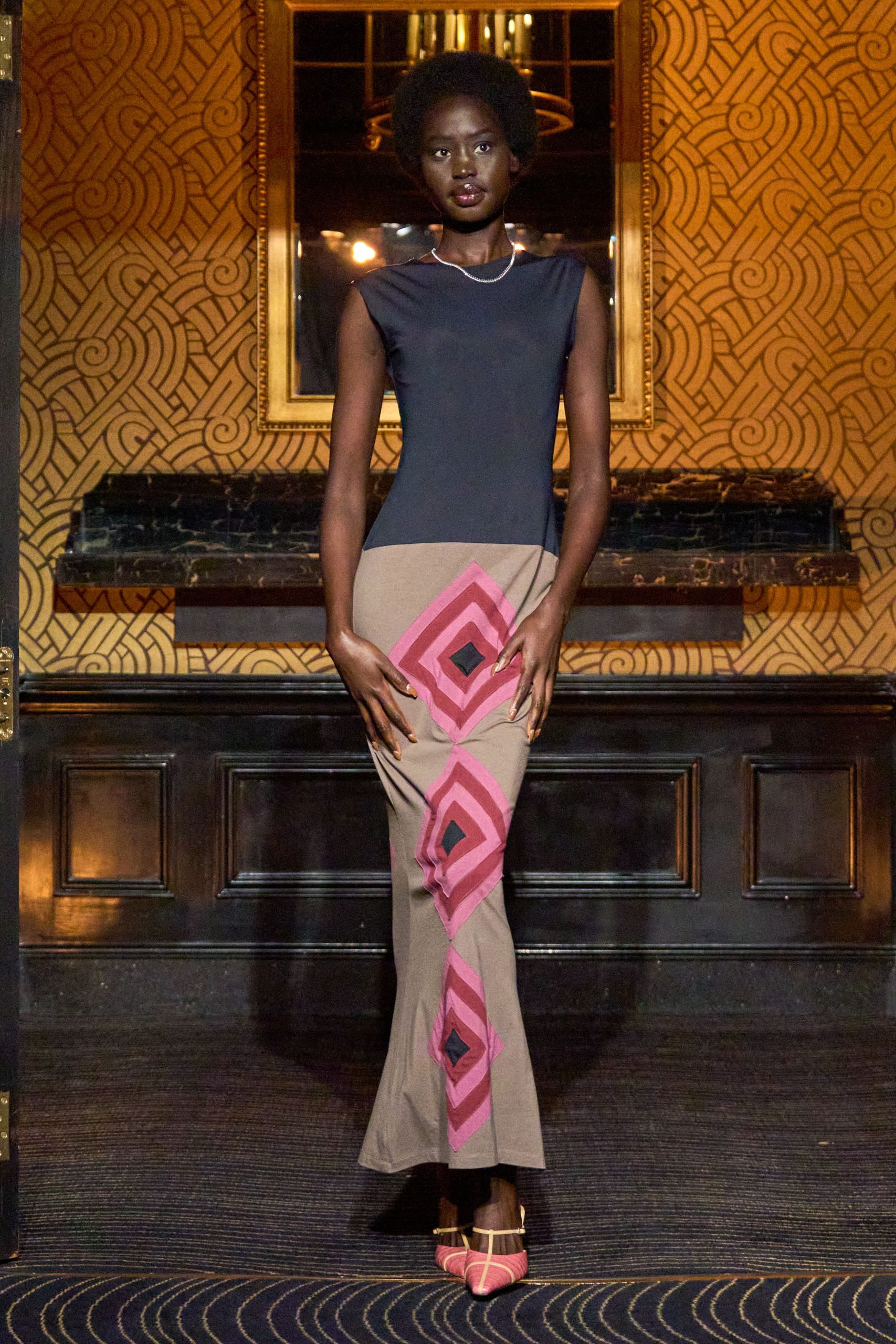 color-blocked maxi dress with pink shoes
