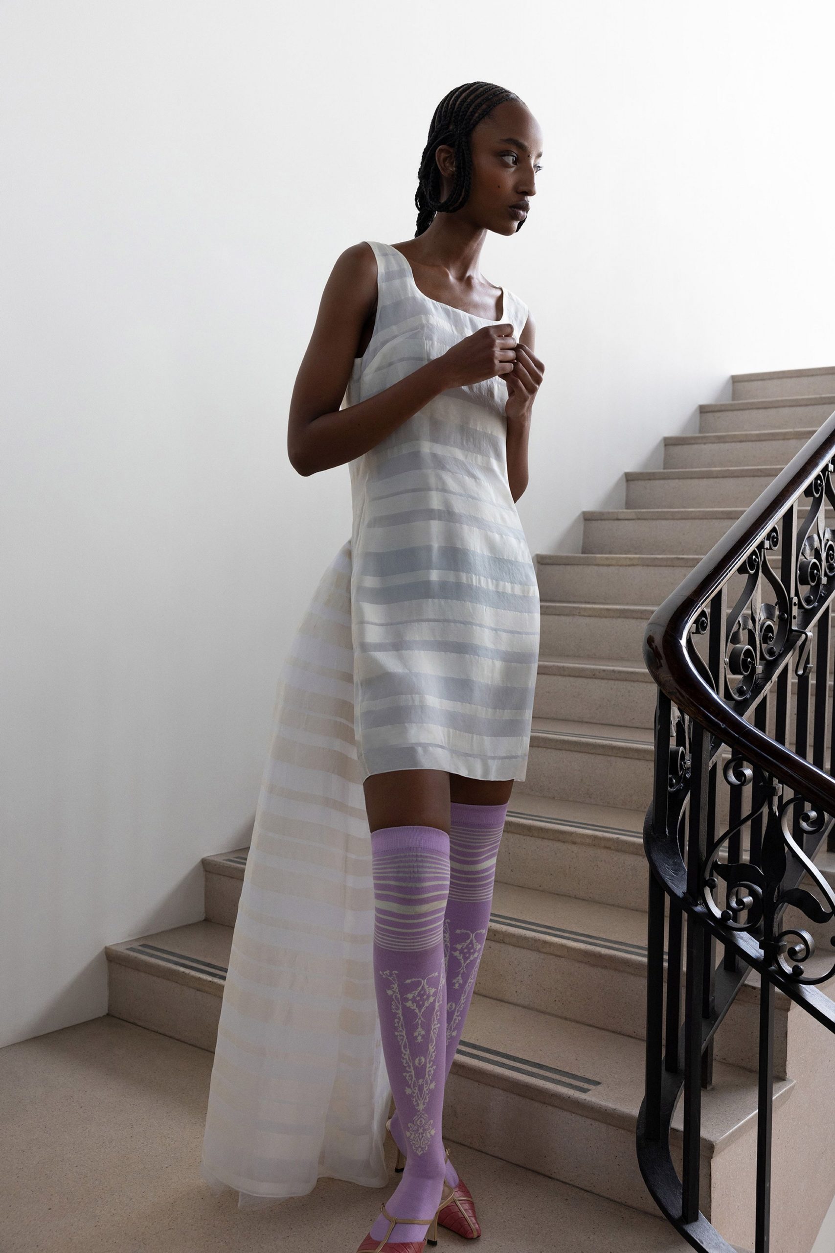 white silk sleeveless square-neck fitted layered flowing dress