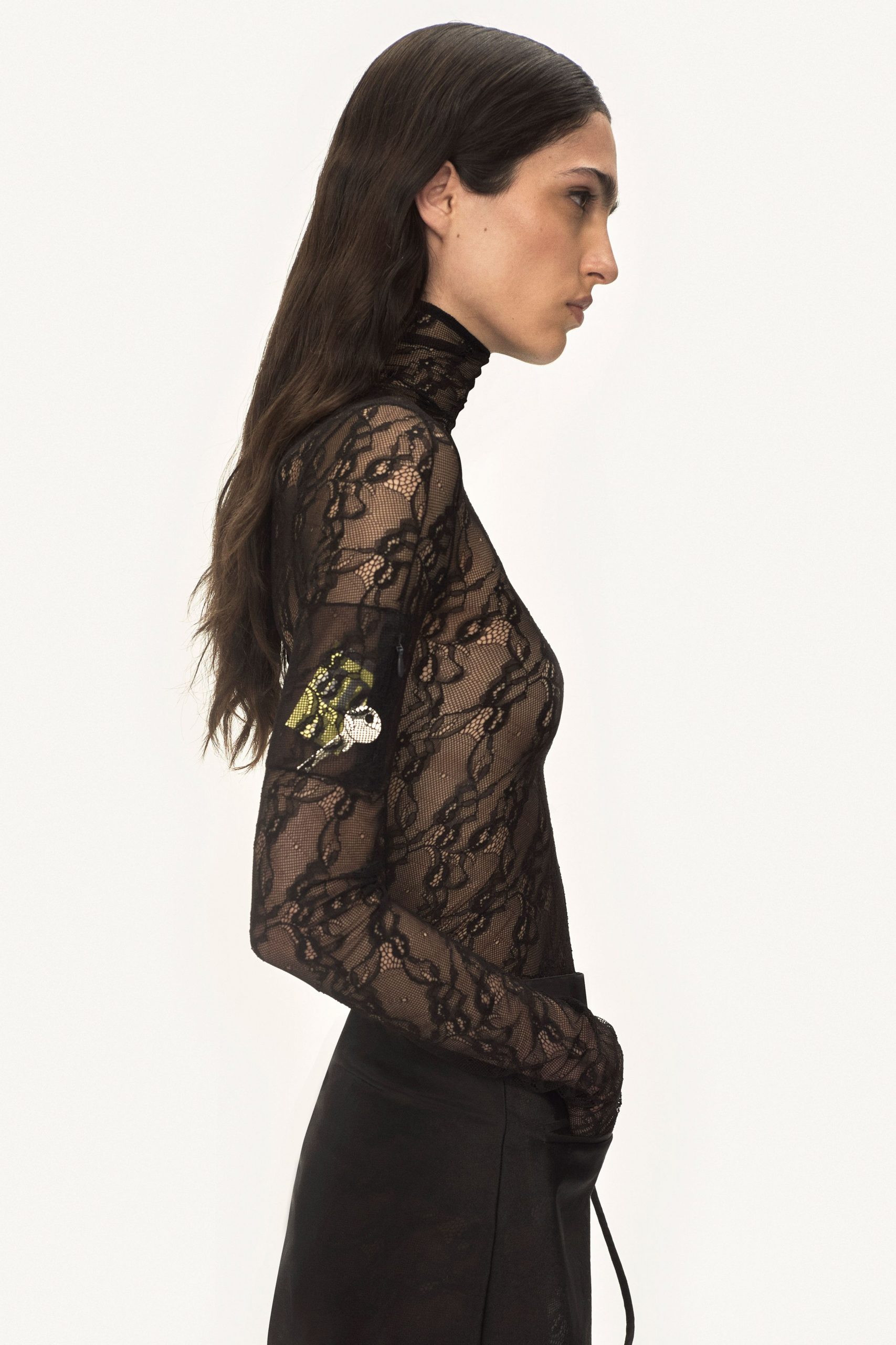 black lace top and leather skirt