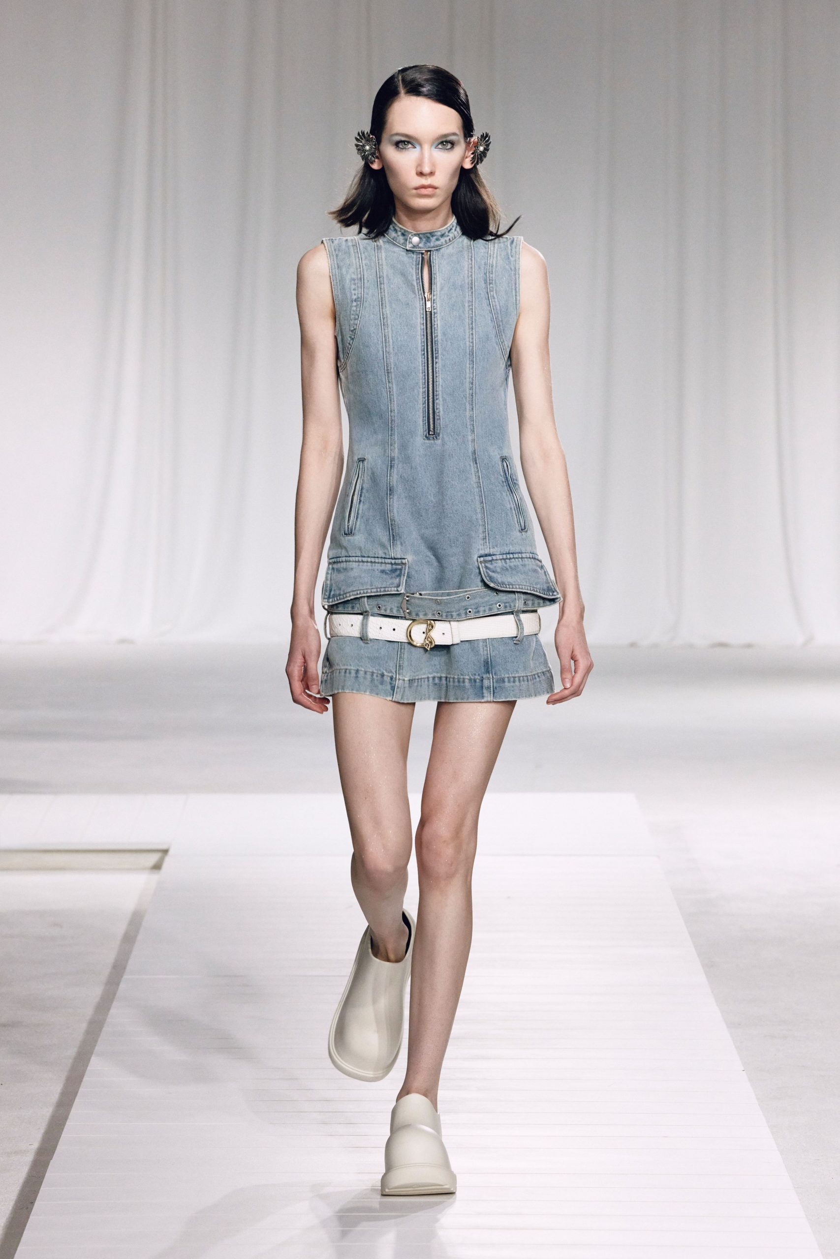 blue denim sleeveless fitted zippered pockets mini dress