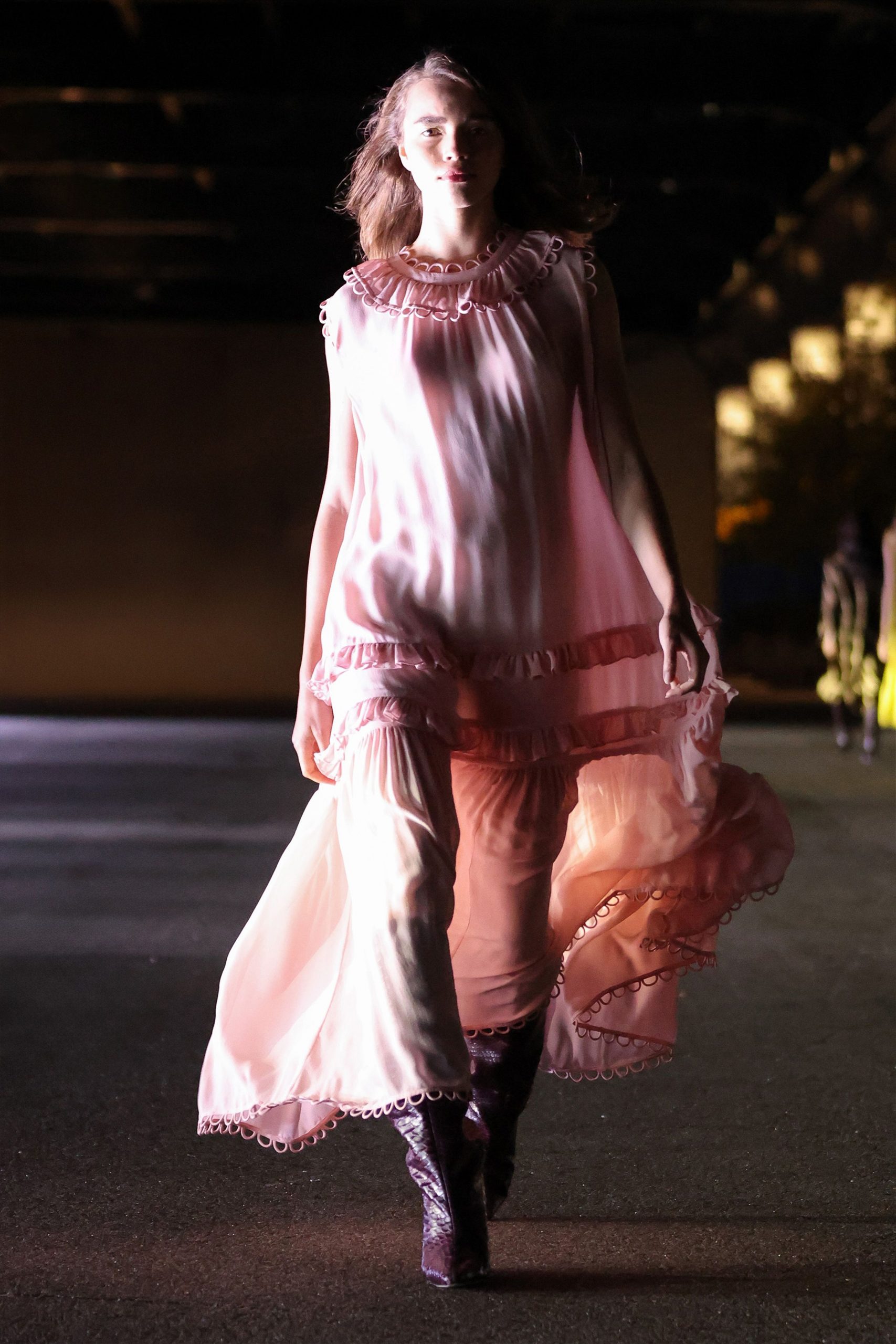 pink silk sleeveless v-neck relaxed ruffled layered dress