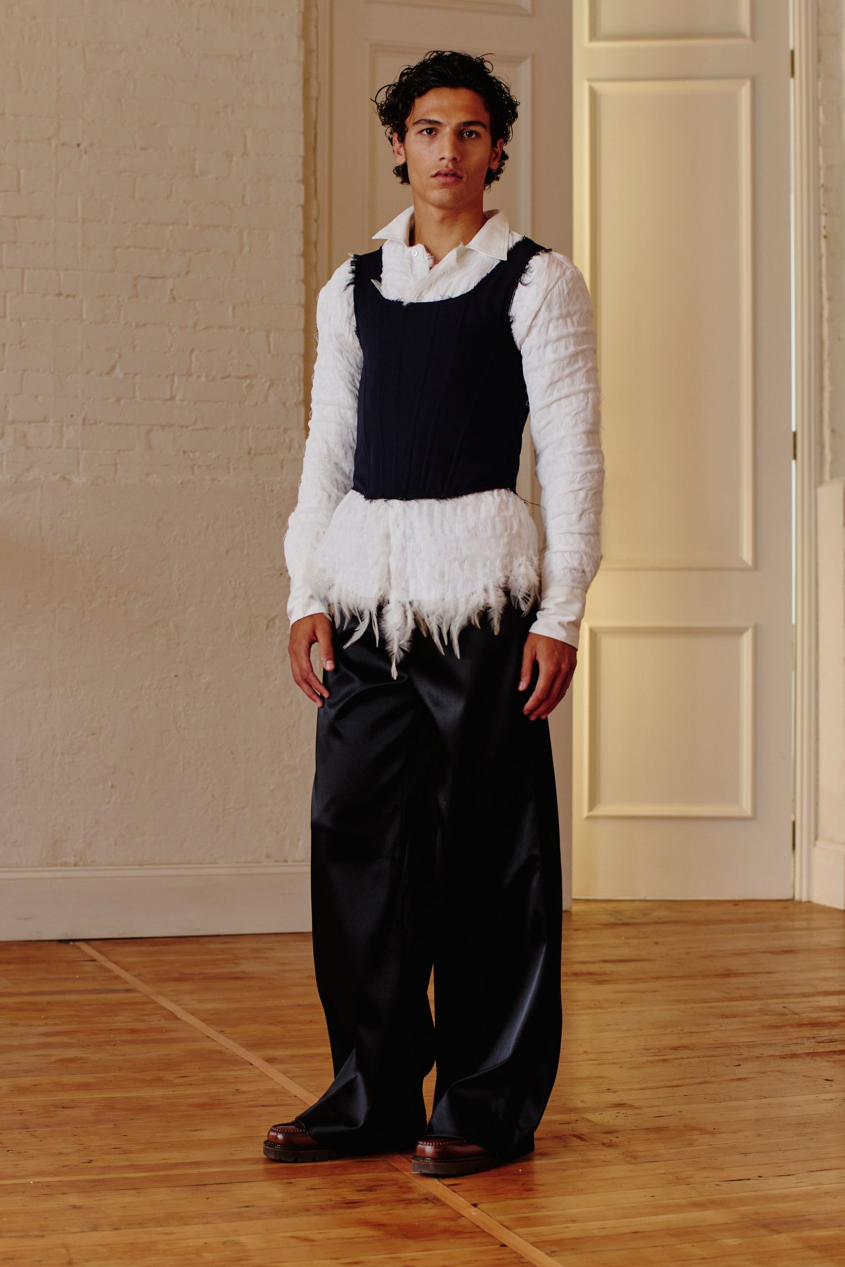 white shirt black corset pants
