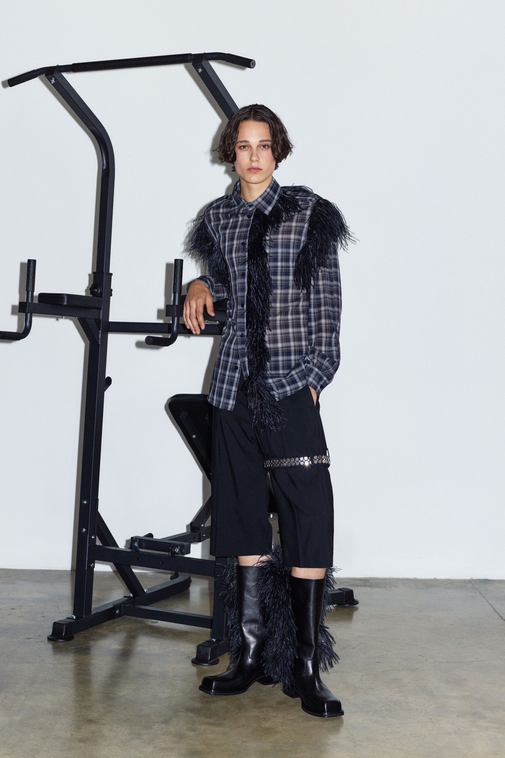 relaxed black checked shirt with shorts