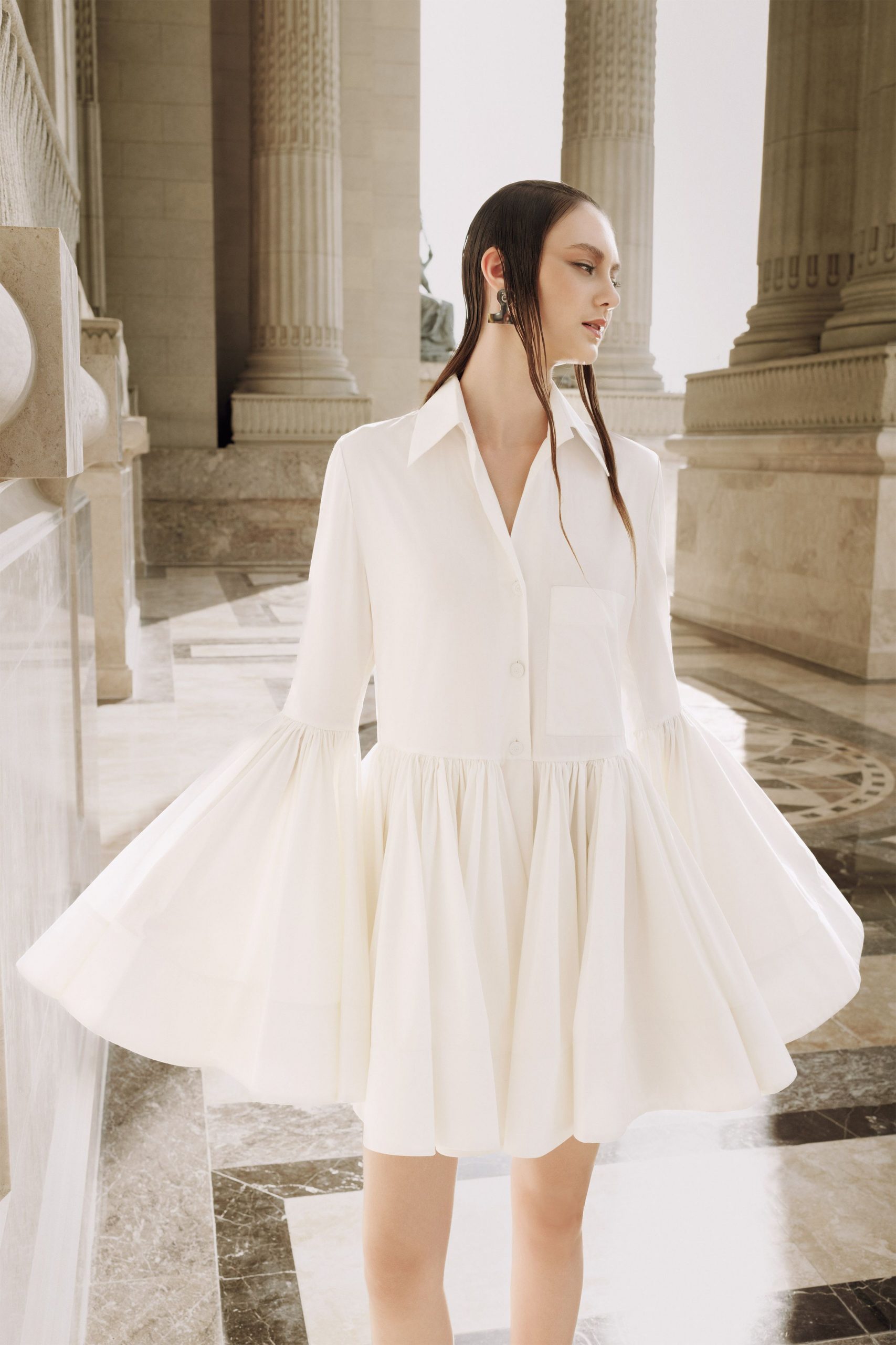 white pleated shirt-dress
