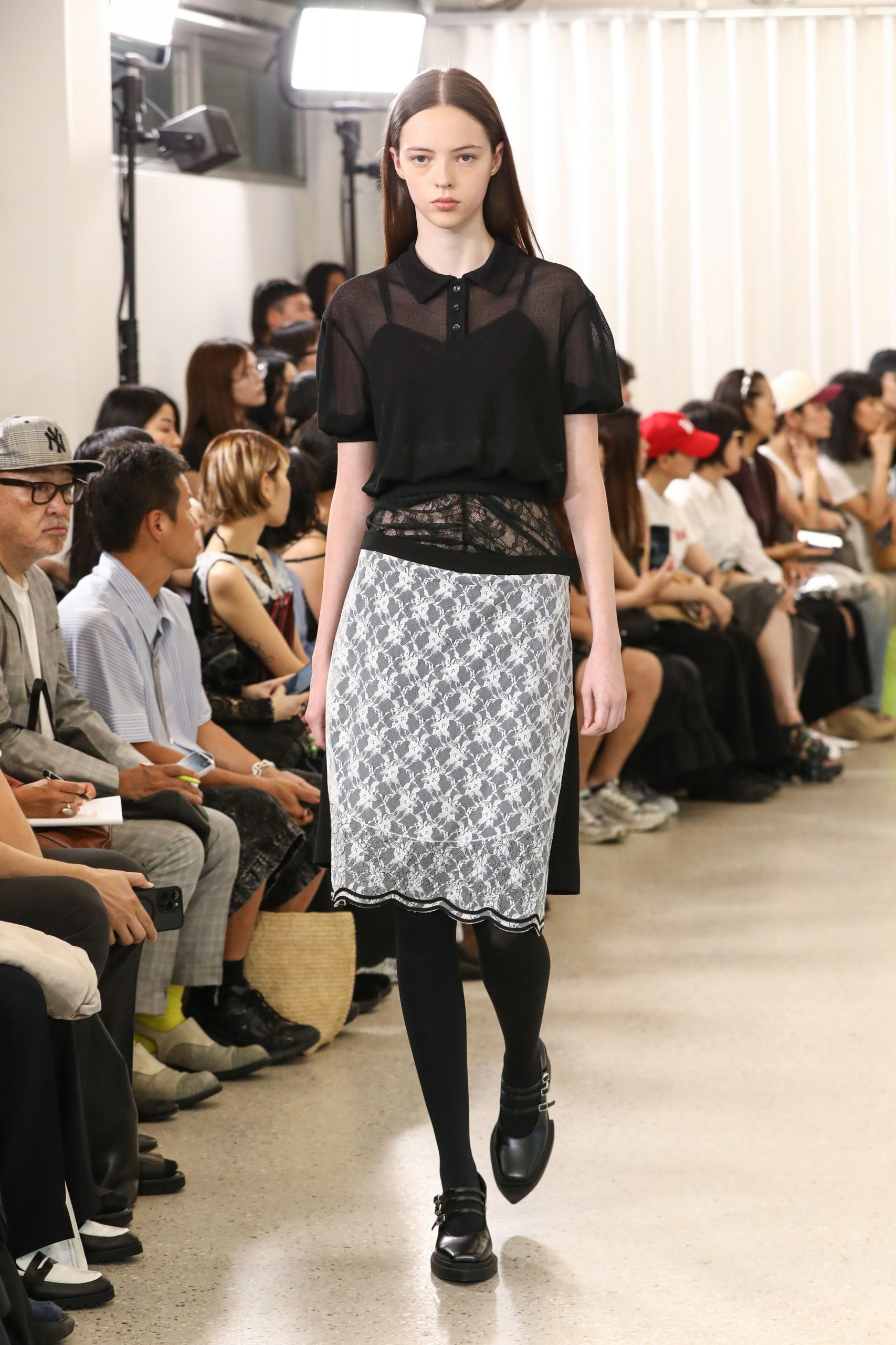 black cotton short-sleeve collared fitted sheer top