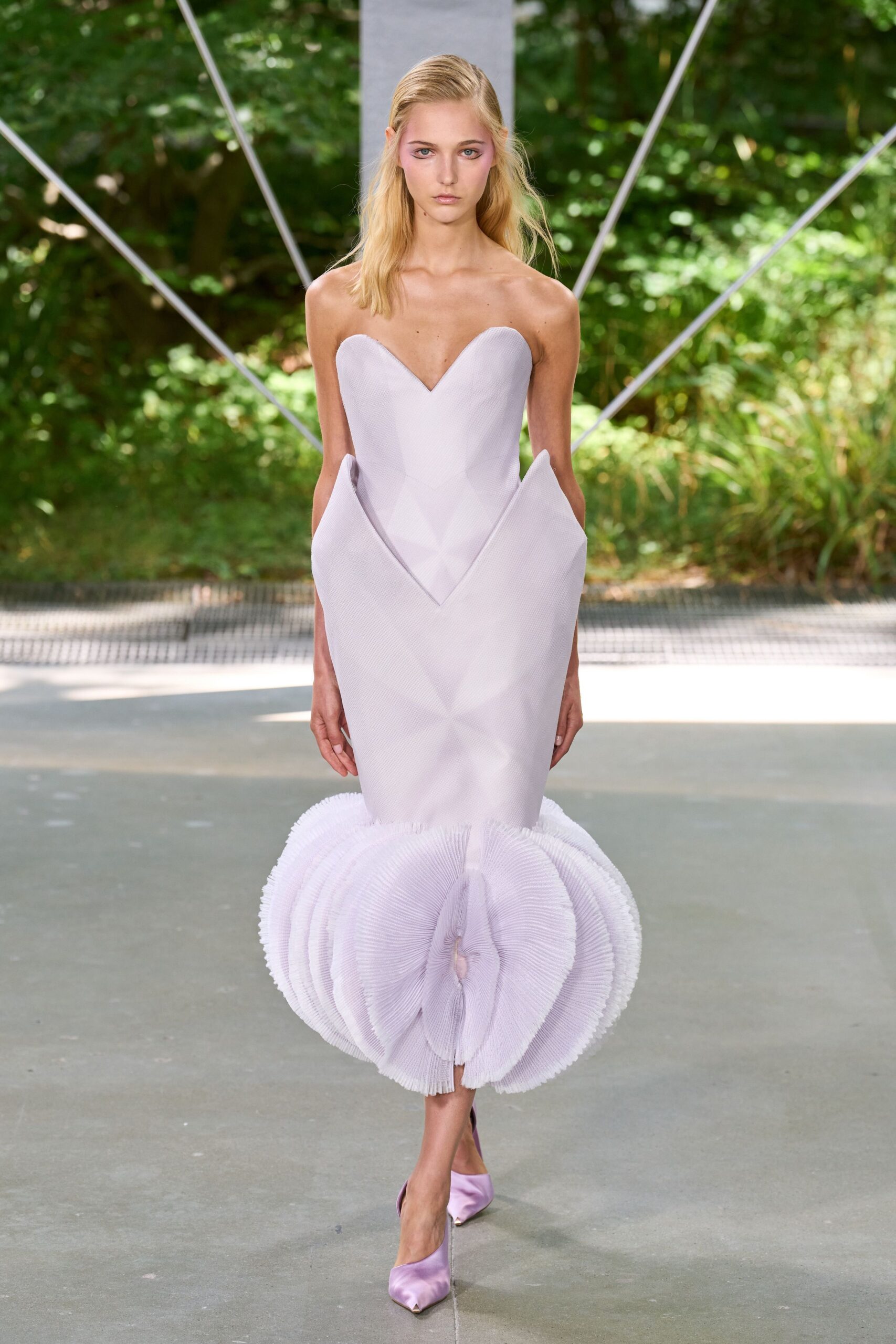 lavender silk strapless gown