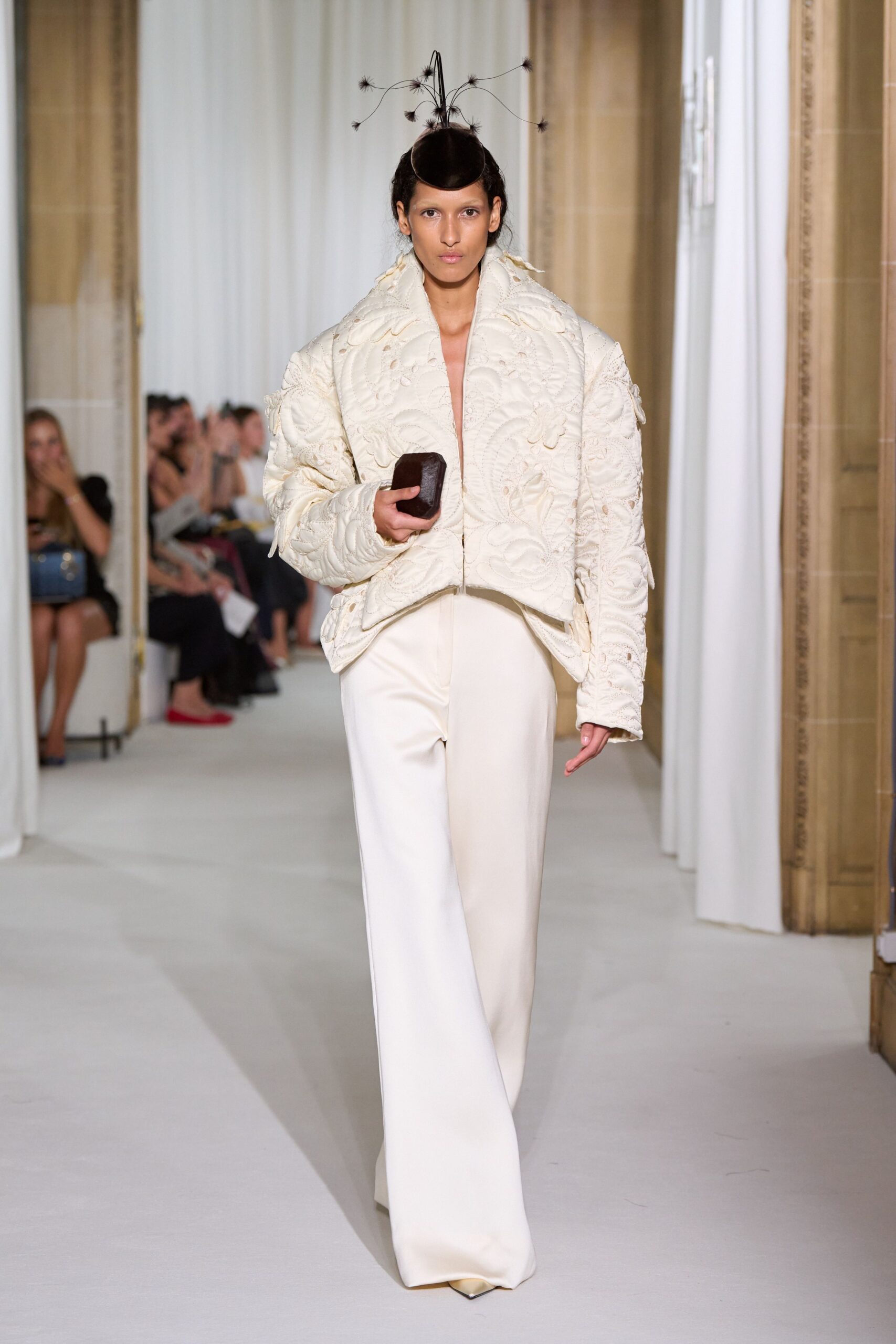 white silk long-sleeve collared relaxed embroidered jacket