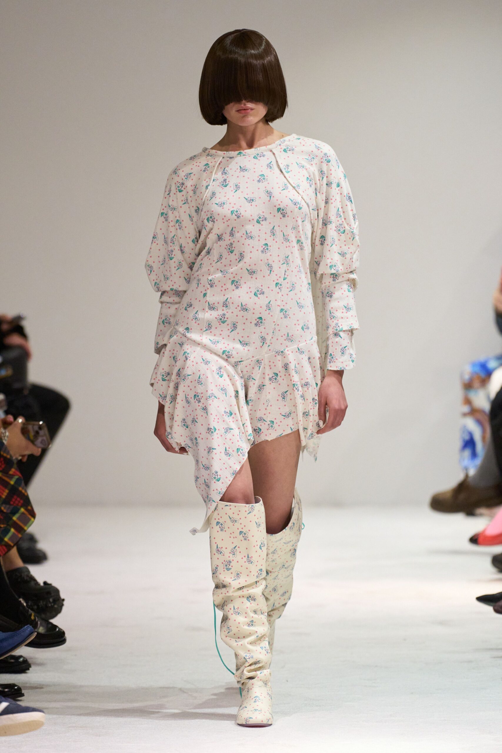 floral mini dress with white boots