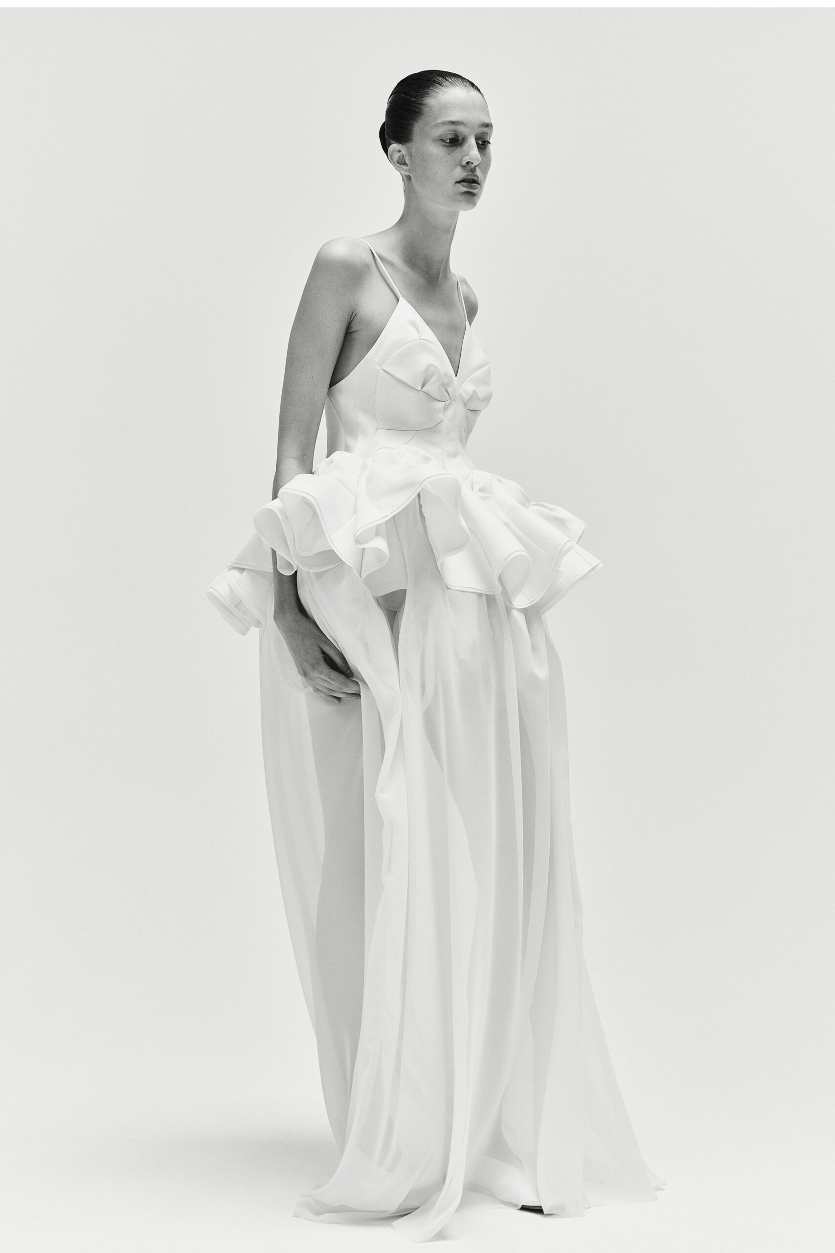 white silk sleeveless gown