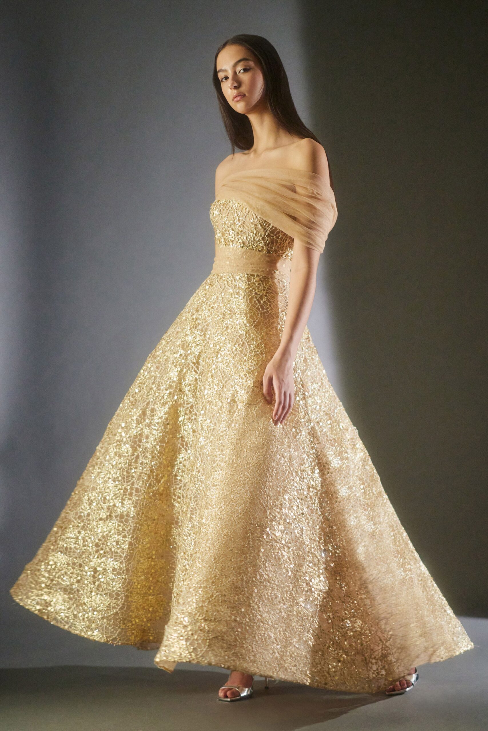 gold embellished strapless gown