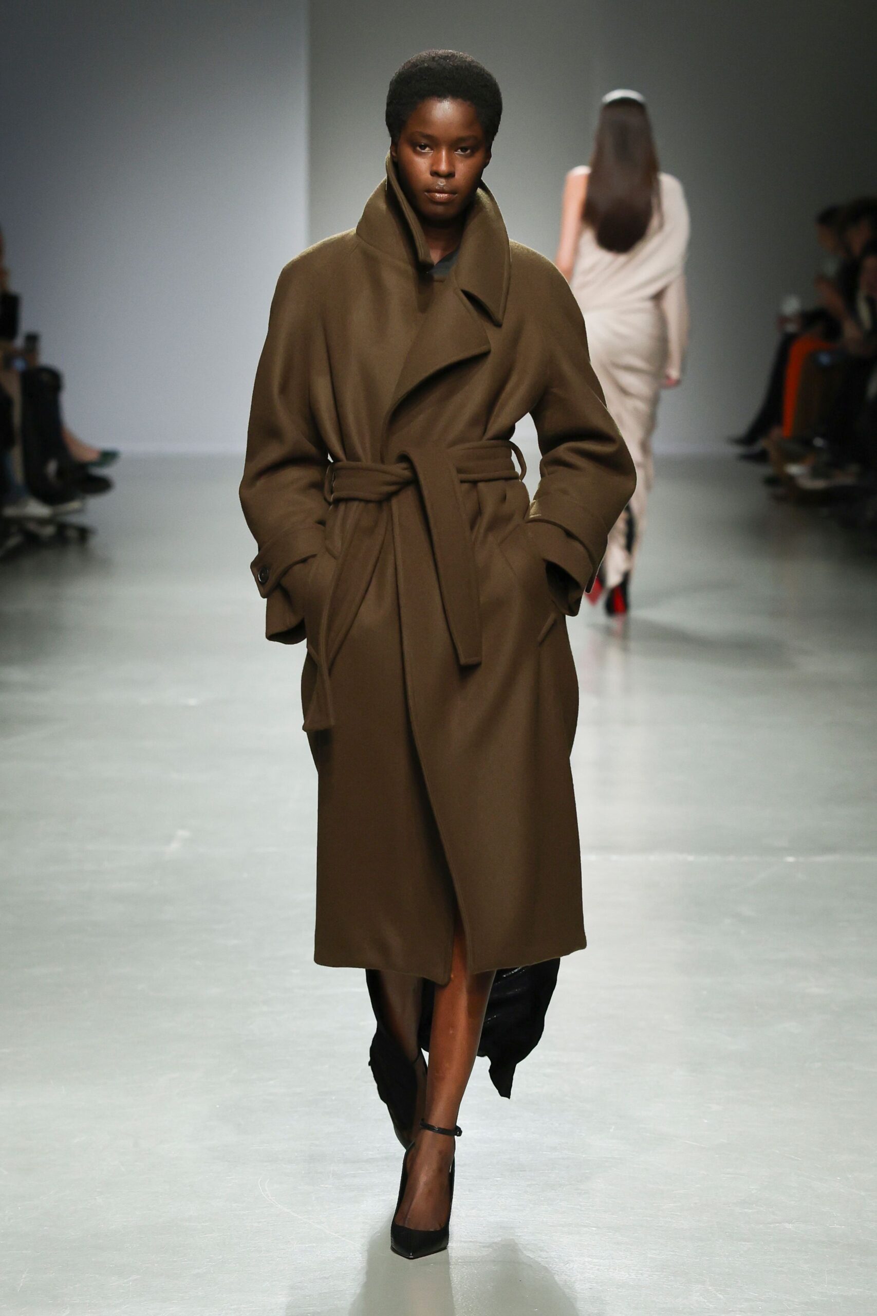 brown wool long-sleeve collared relaxed belted midi coat