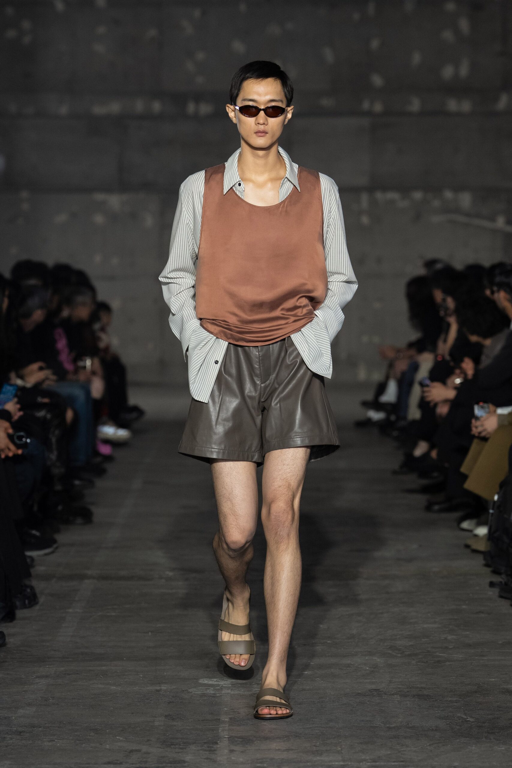 brown leather relaxed straight-leg shiny short shorts