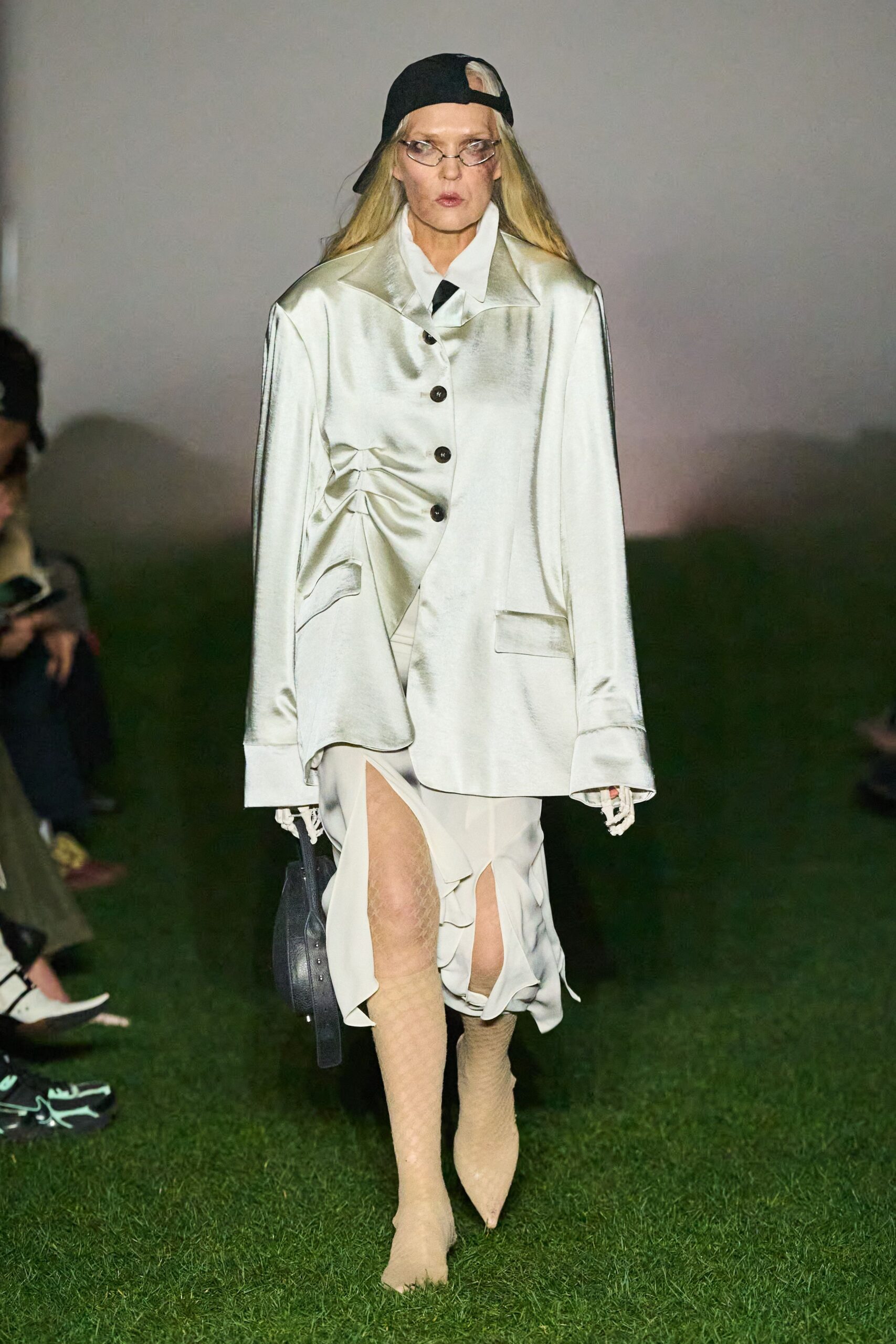 white silk long-sleeve collared oversized buttoned draped blazer