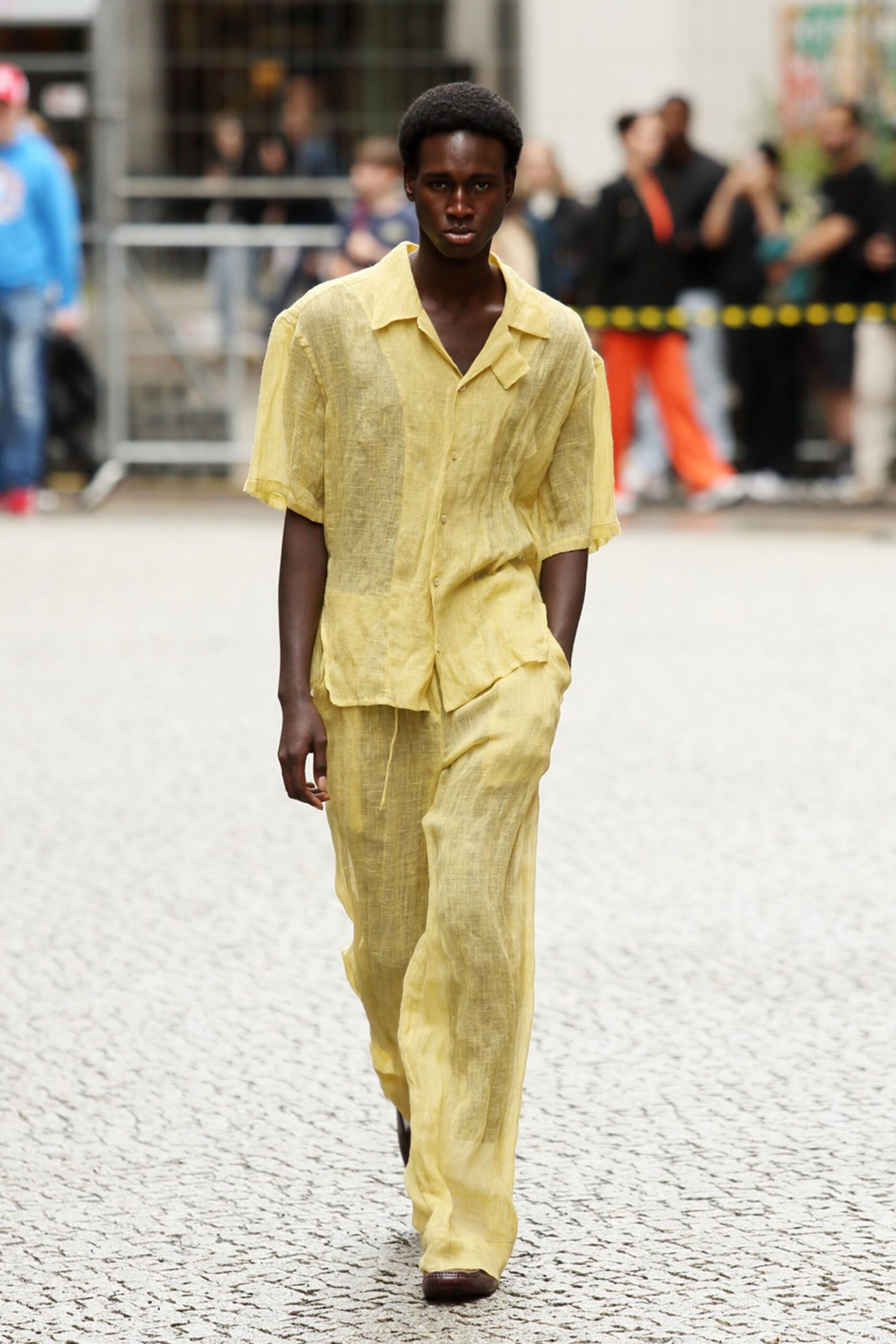 yellow linen relaxed high-waisted pants