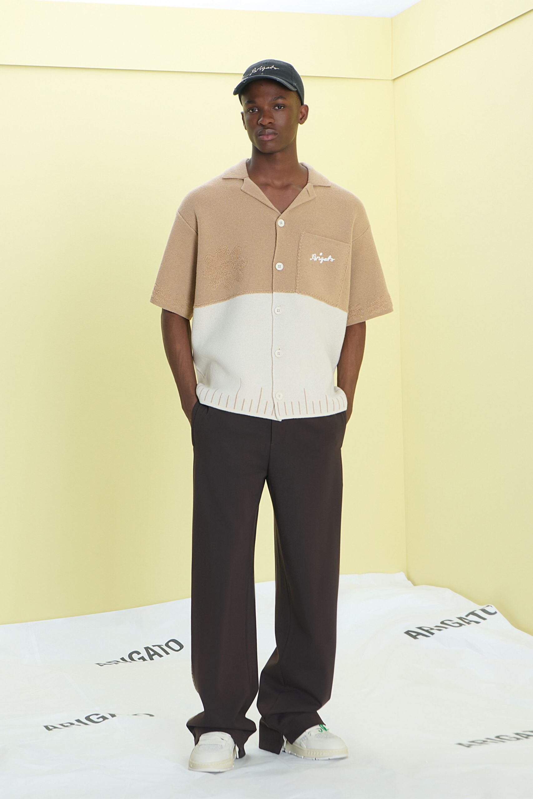 beige and white color-blocked shirt