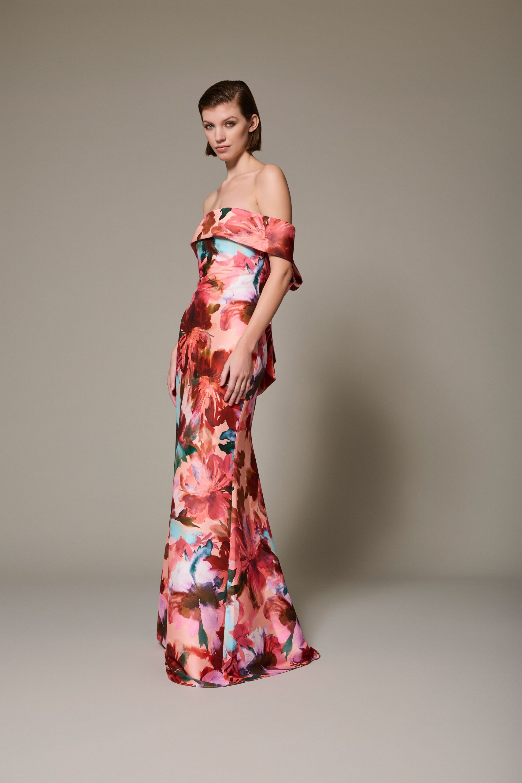floral strapless silk gown