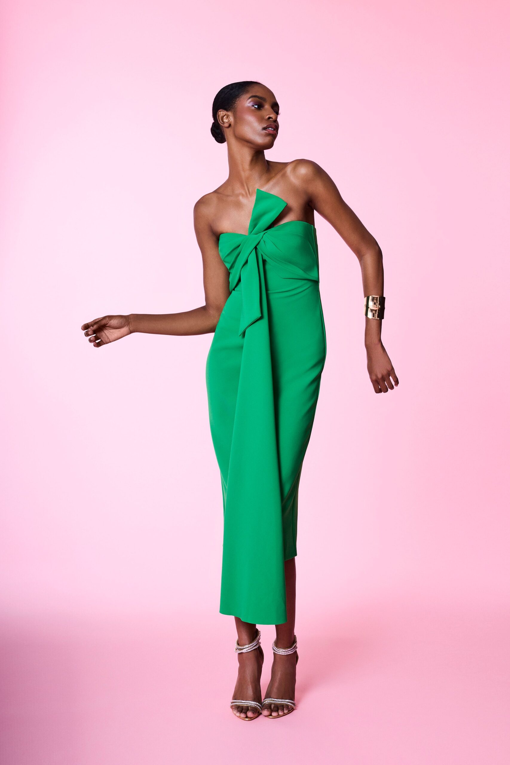 green silk strapless fitted draped midi dress