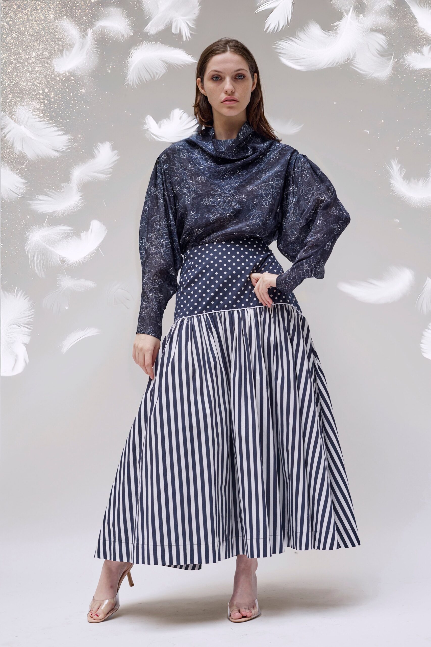 blue cotton long-sleeve collared relaxed printed blouse