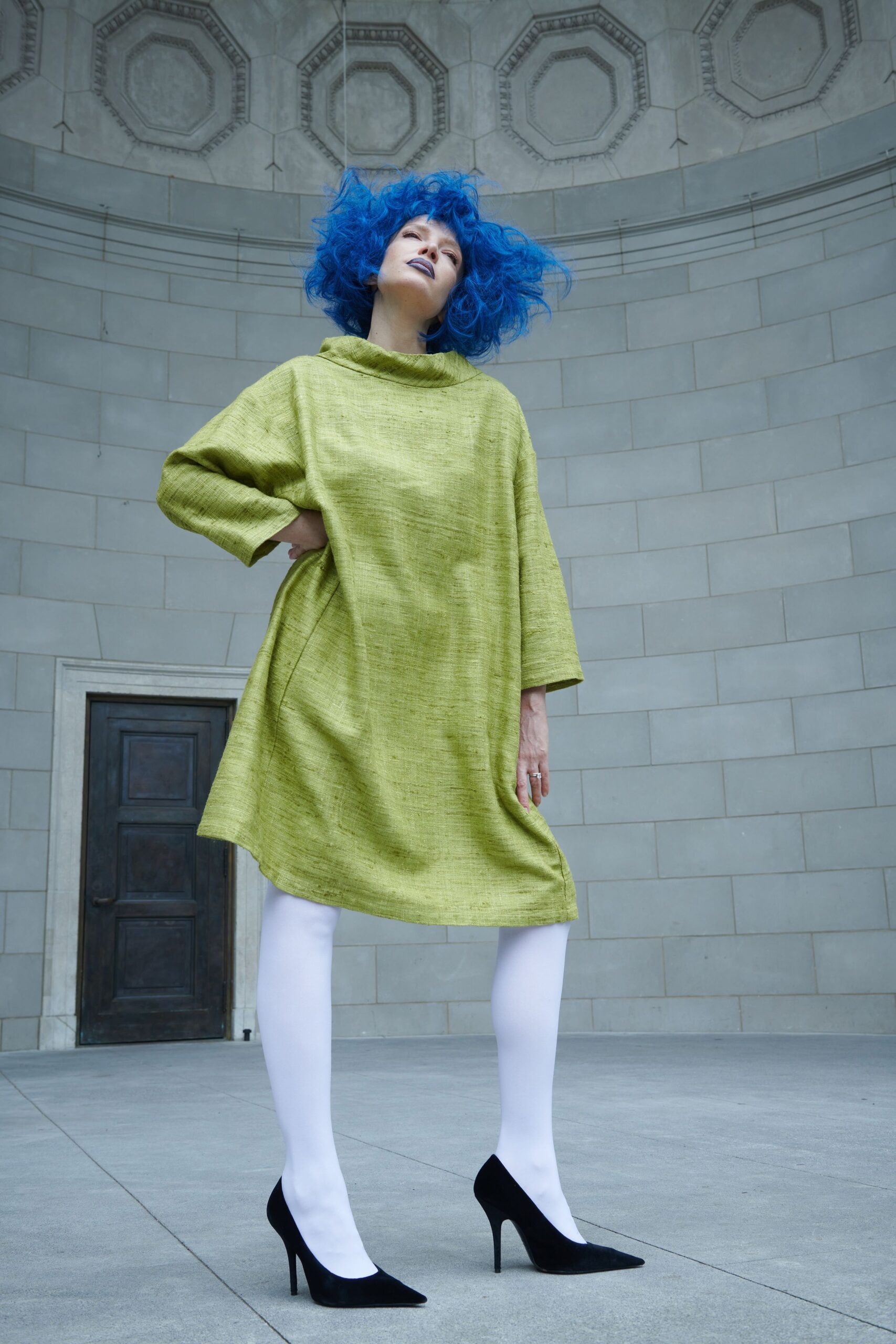 green linen long-sleeve high-neck oversized straight-leg textured dress