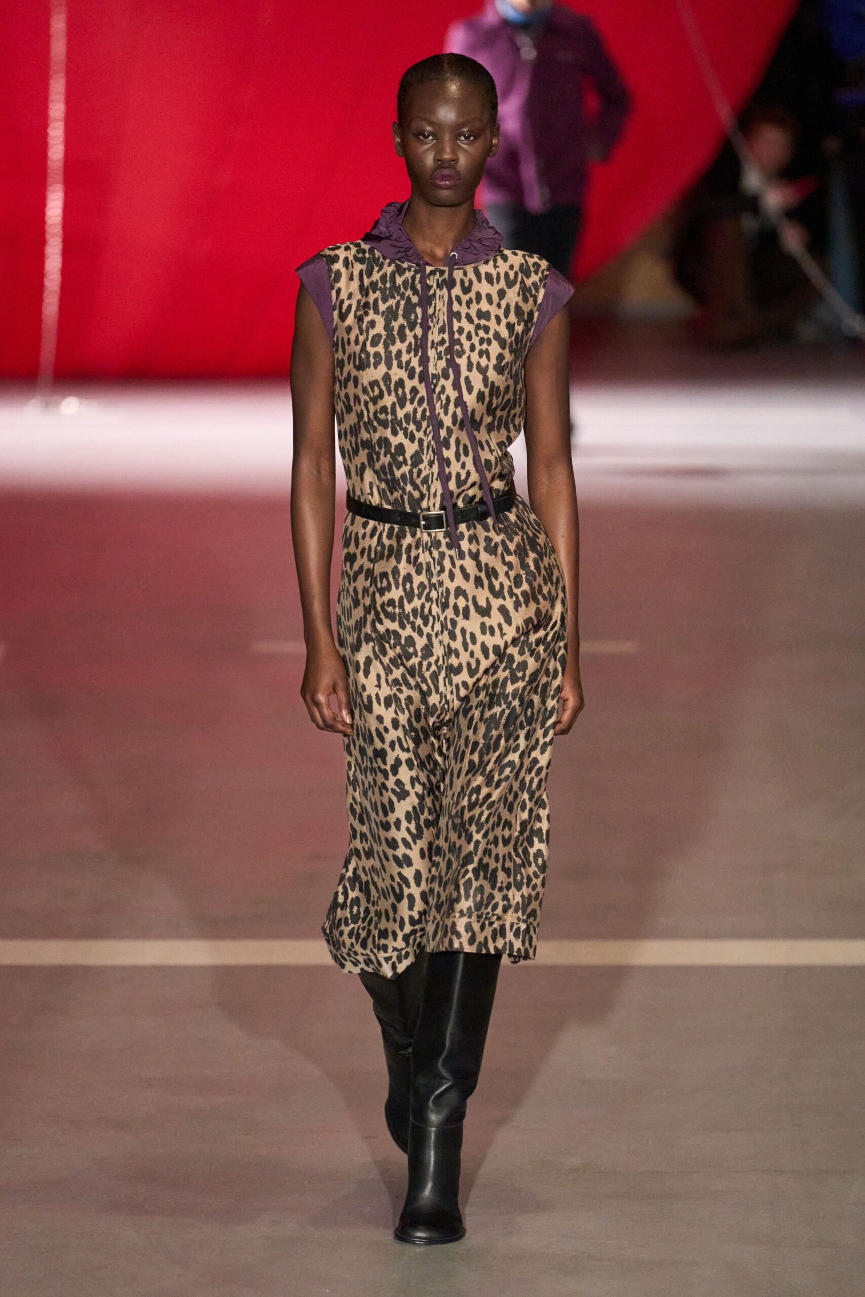 beige brown animal-print midi dress with black boots