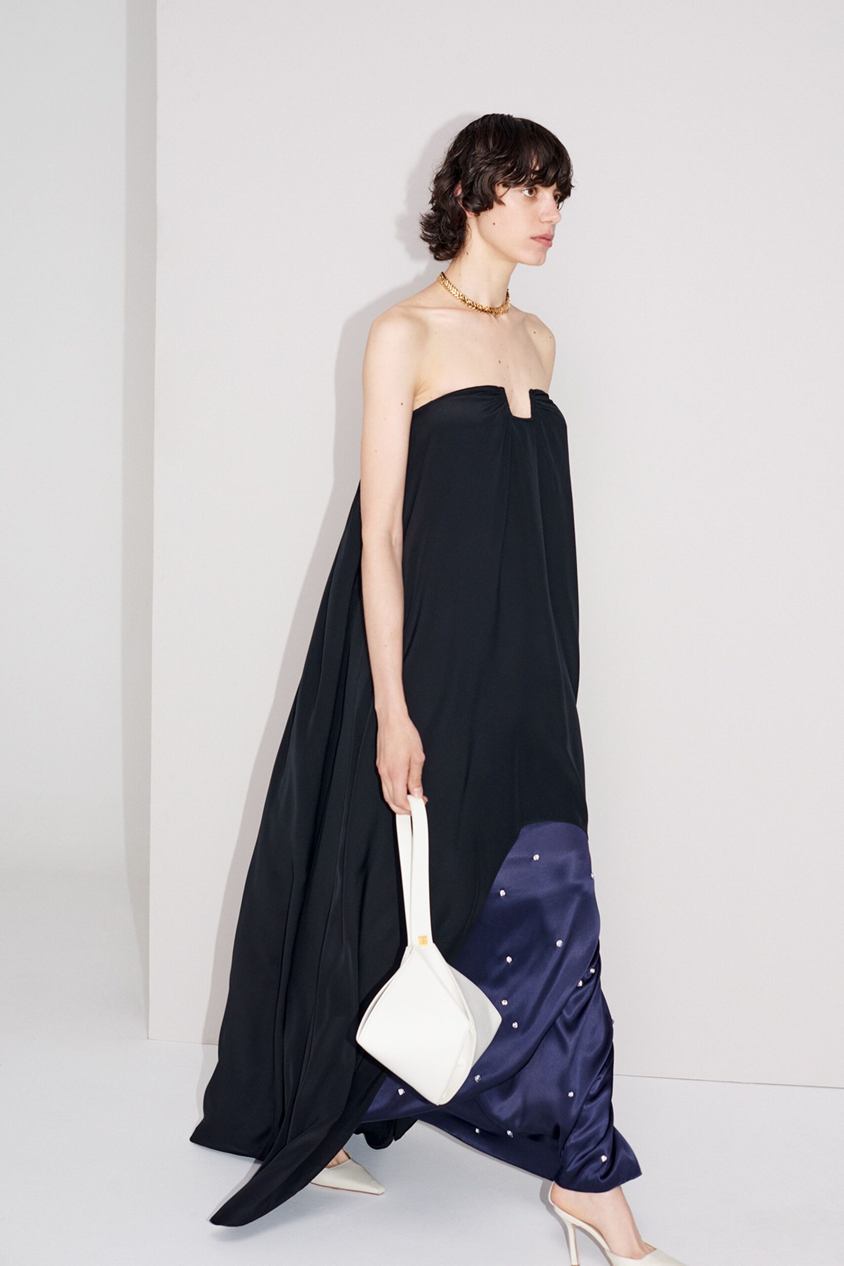 black silk strapless gown