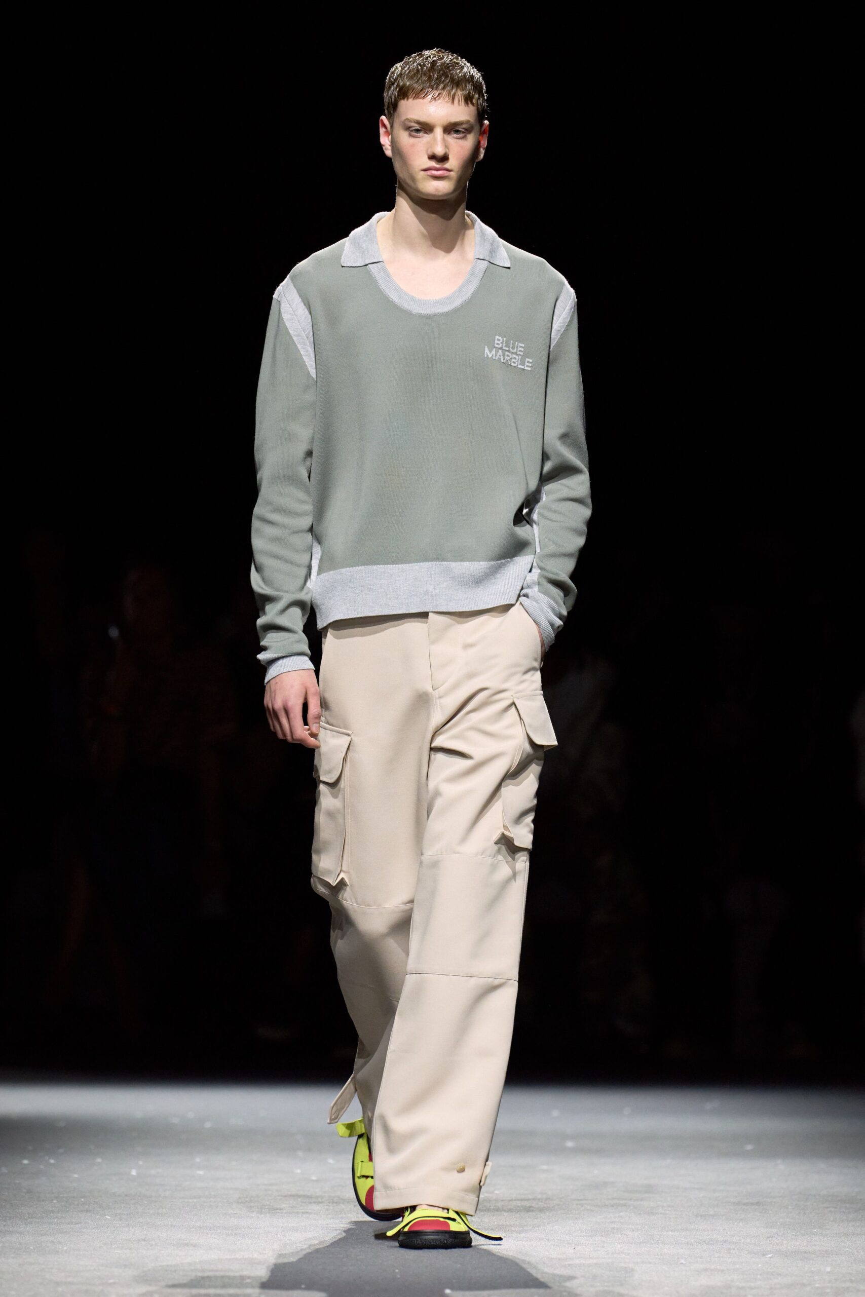 gray relaxed sweater with cargo pants