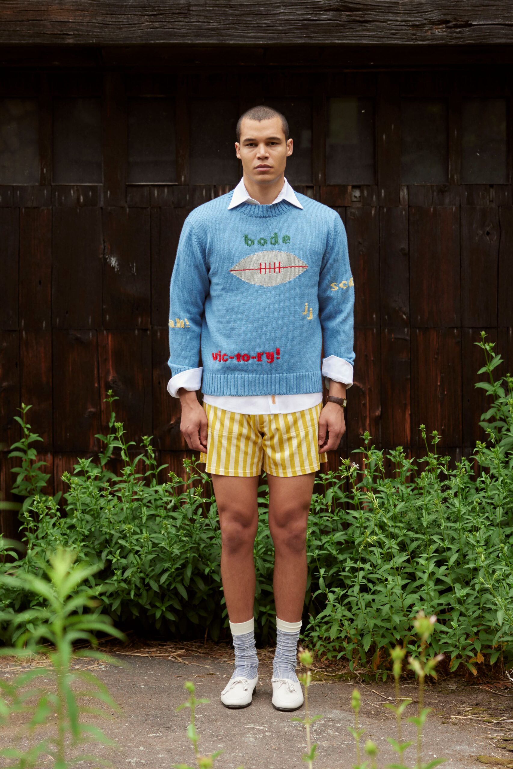 yellow cotton relaxed striped short shorts