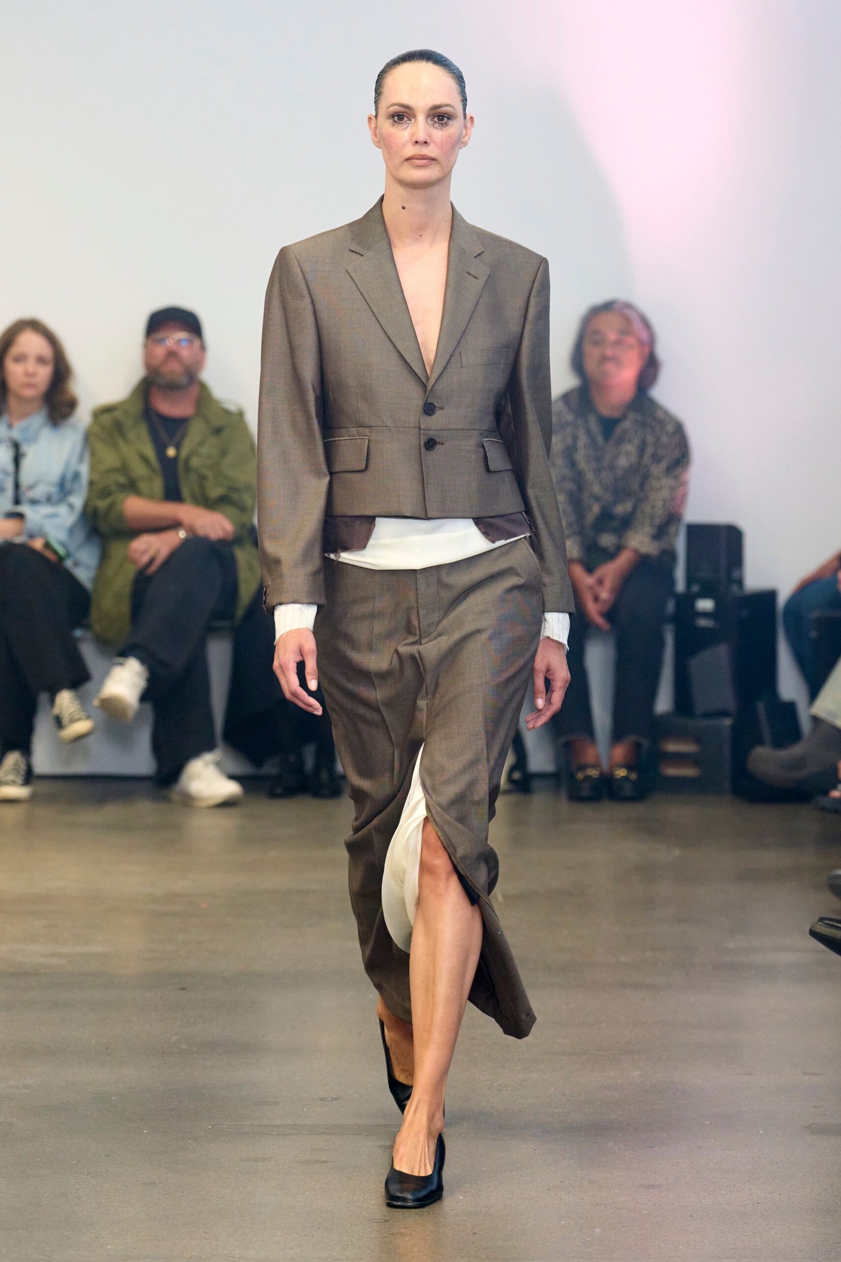 brown wool wrap slit fitted layered flowing skirt