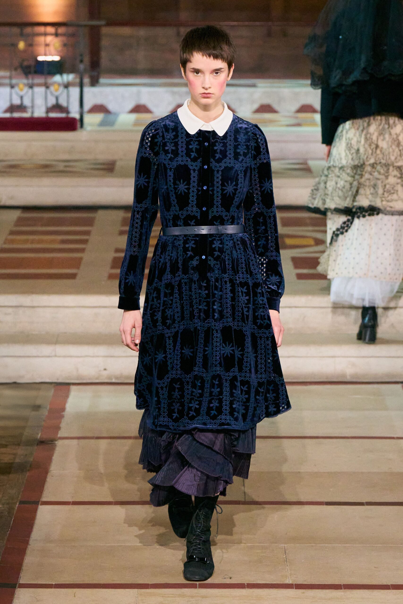 blue velvet collared midi dress