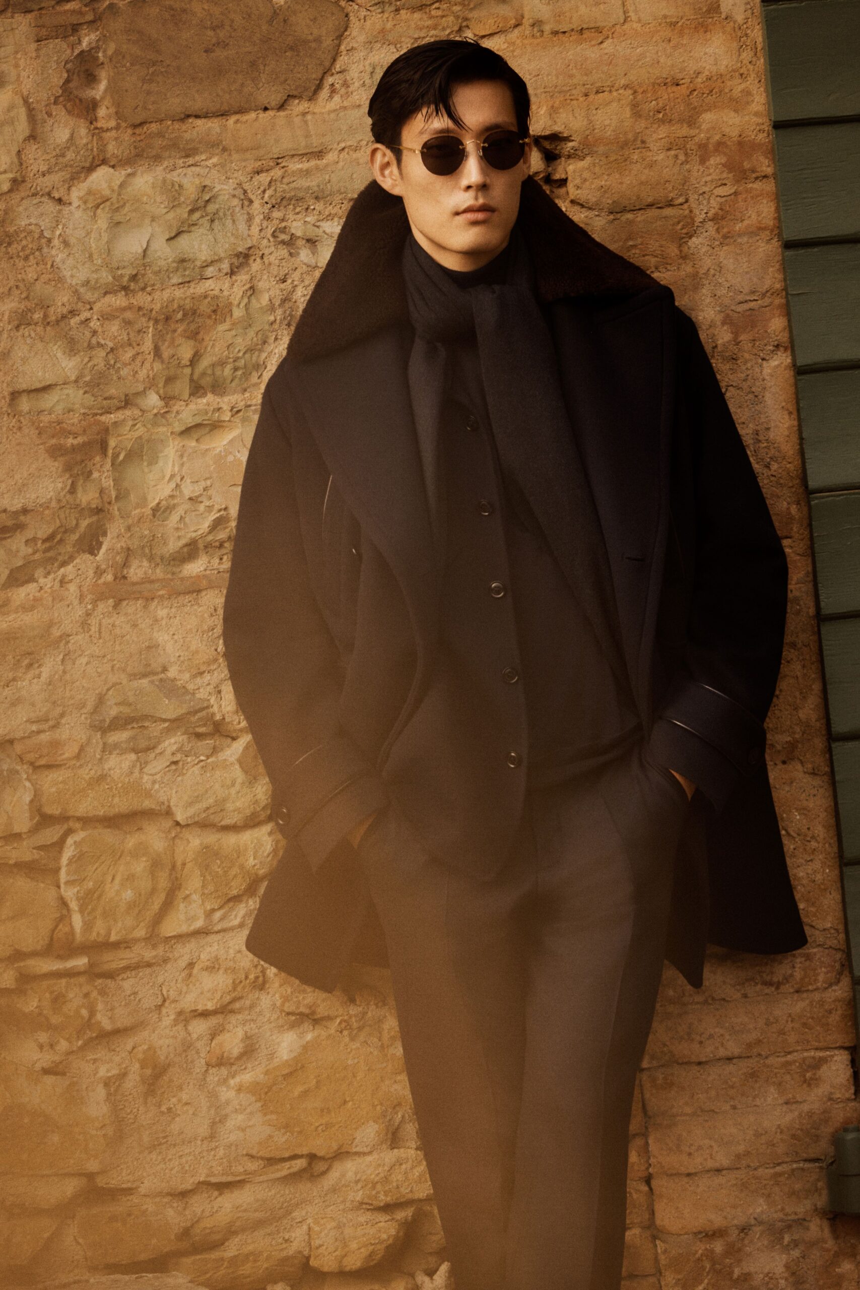 black wool coat with scarf