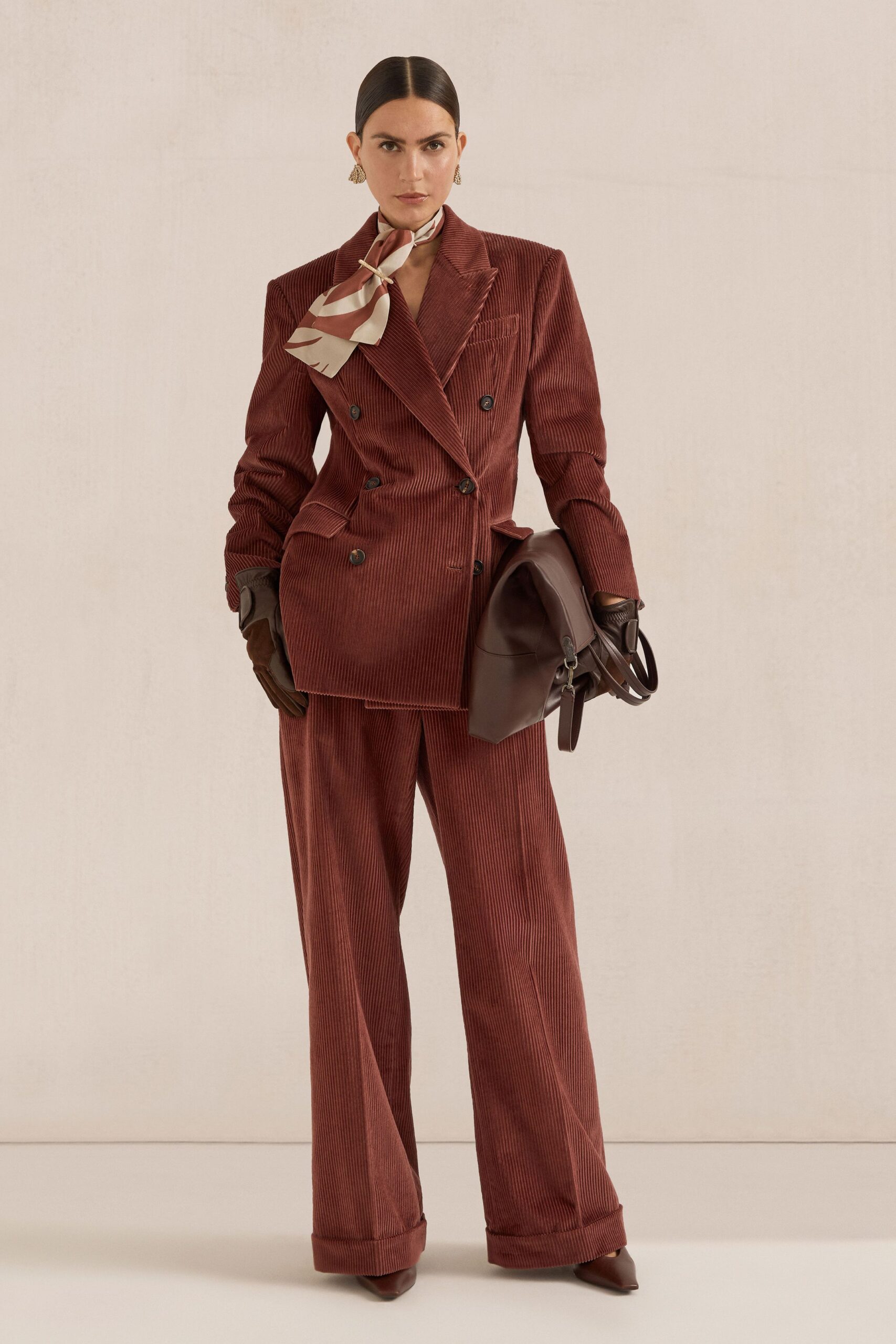 brown cotton long-sleeve collared structured pleated blazer