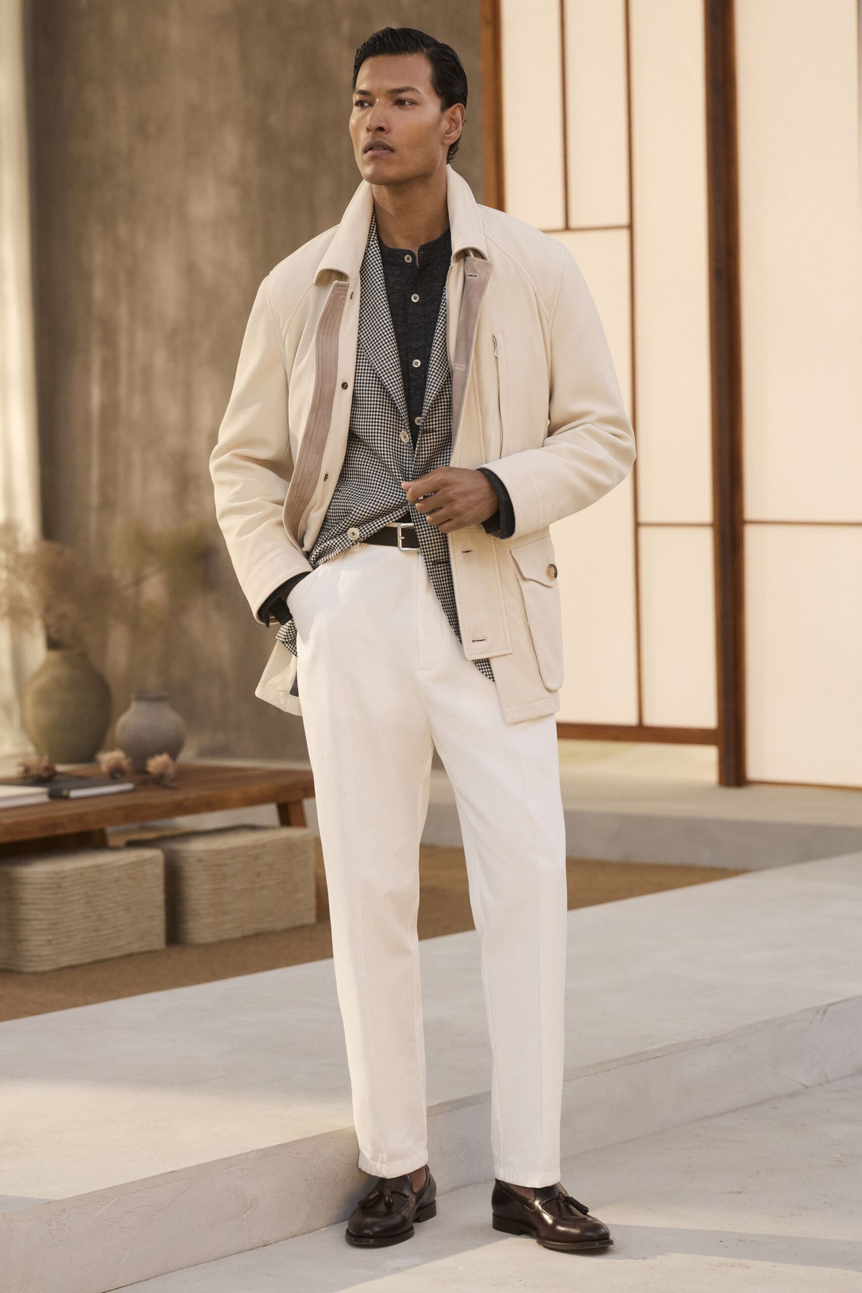 white cotton long-sleeve collared structured pockets zippered jacket