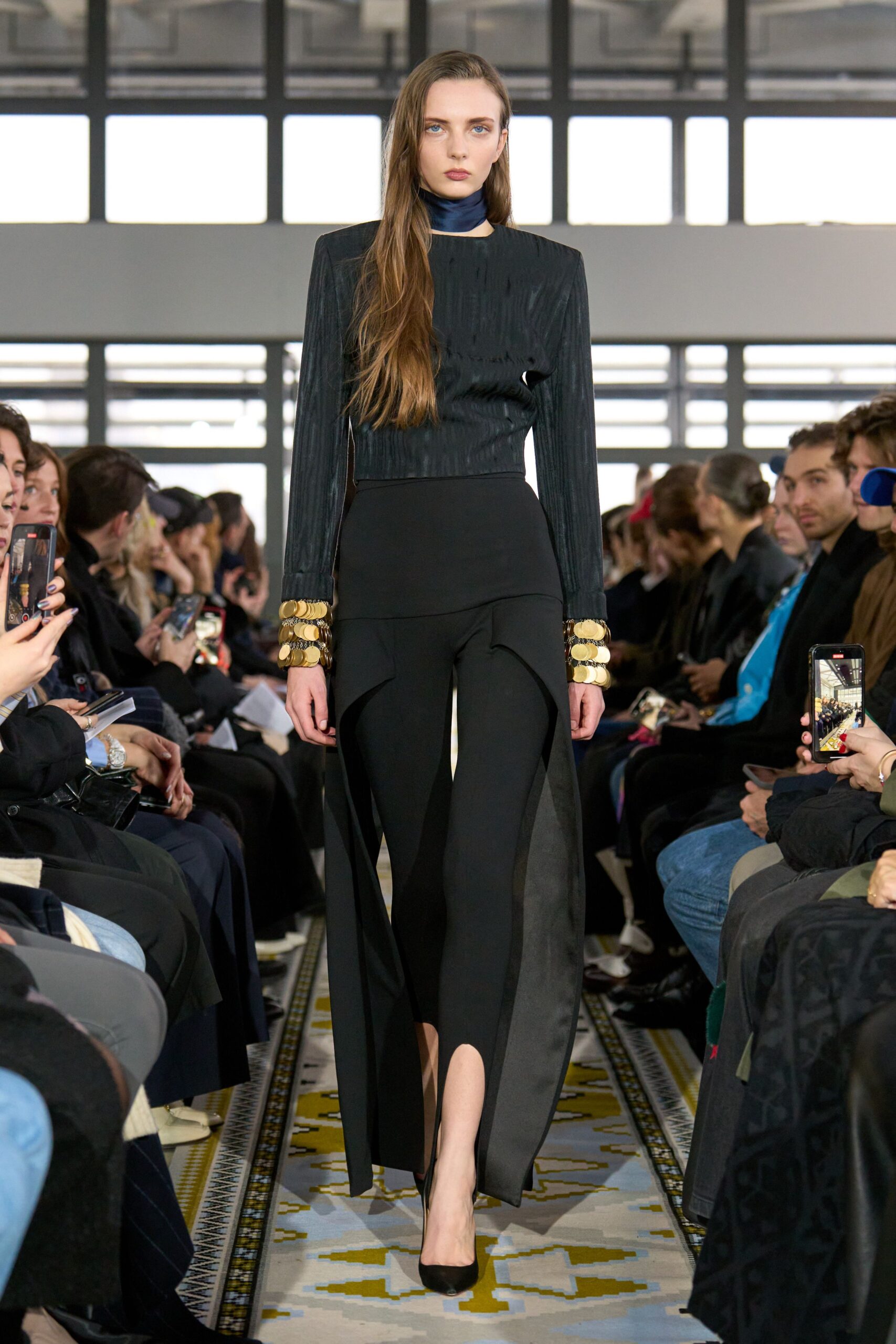 black silk slit fitted high-waisted straight-leg pants