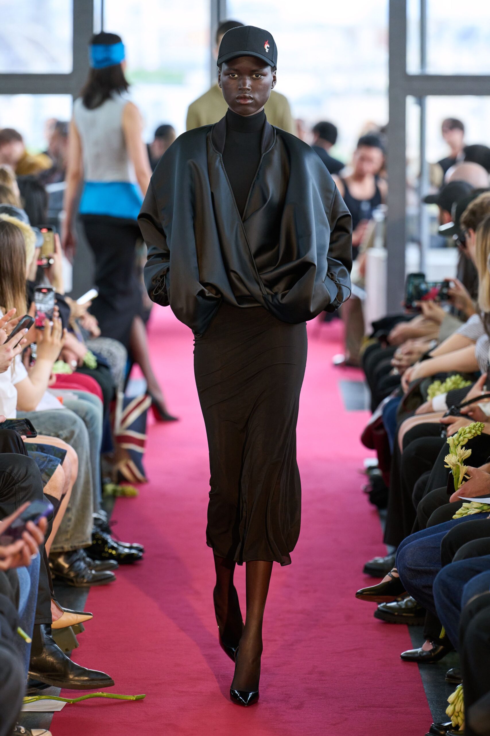 black silk long-sleeve collared relaxed draped jacket