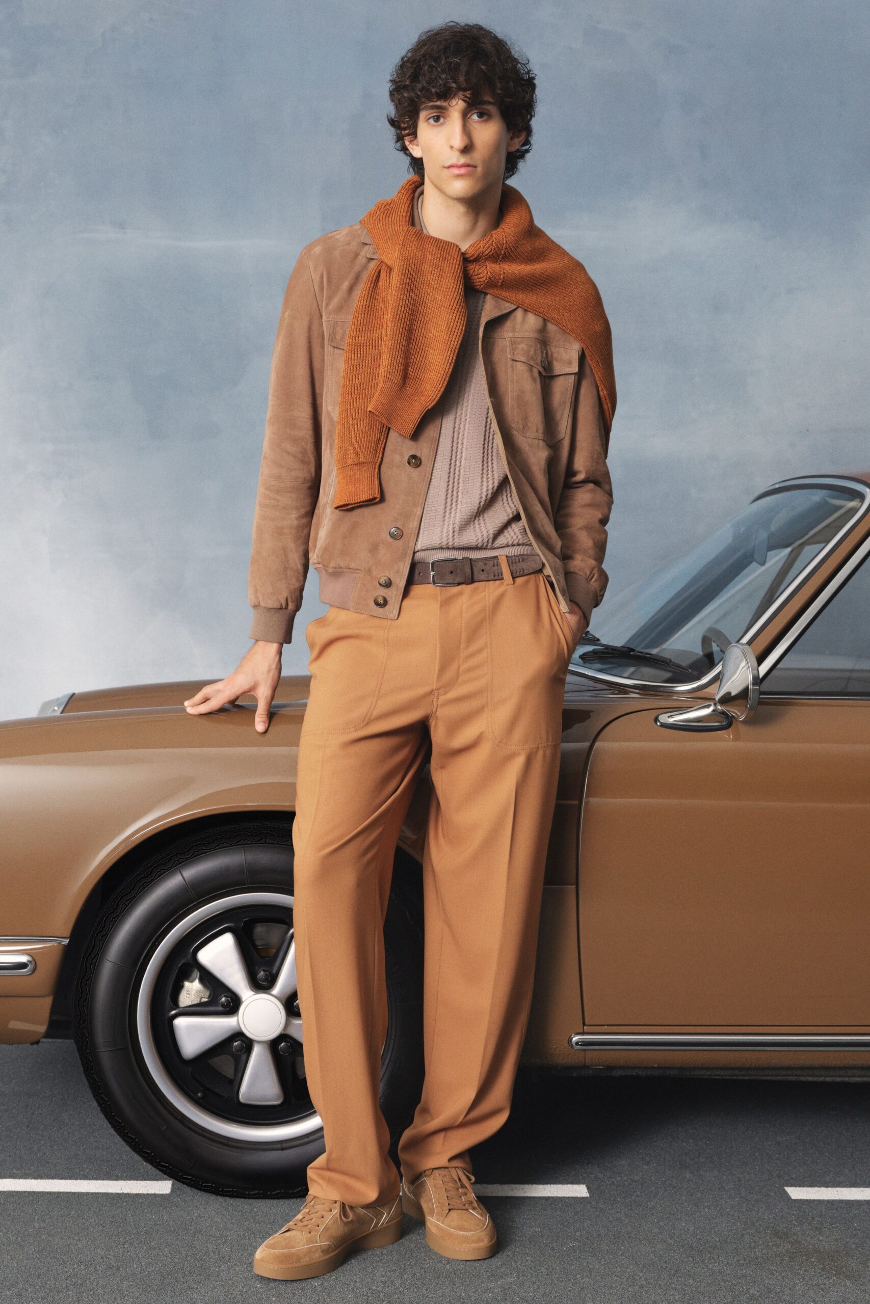 brown suede long-sleeve collared structured buttoned pockets jacket