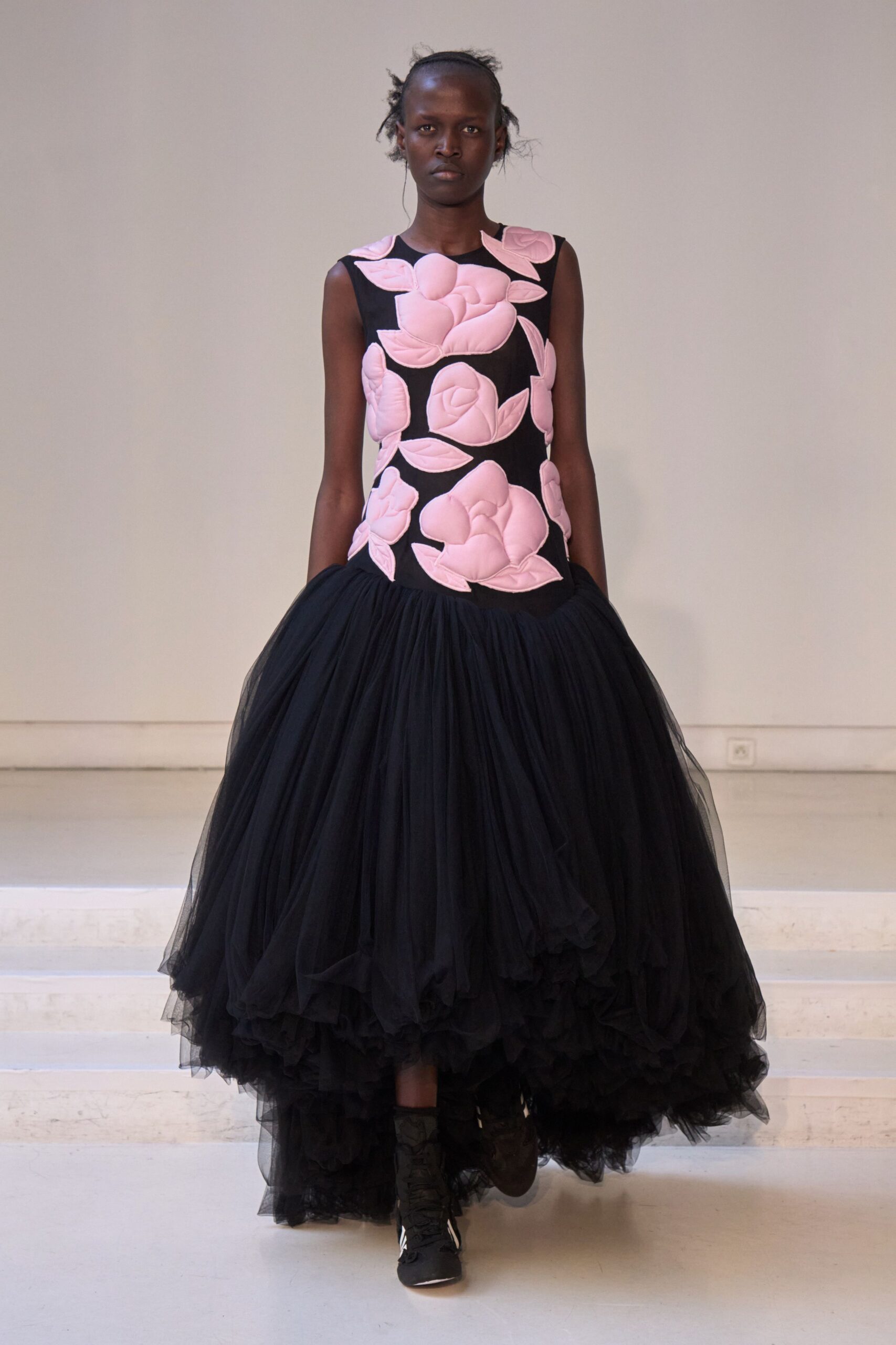 black tulle sleeveless high-neck fitted floral tiered dress