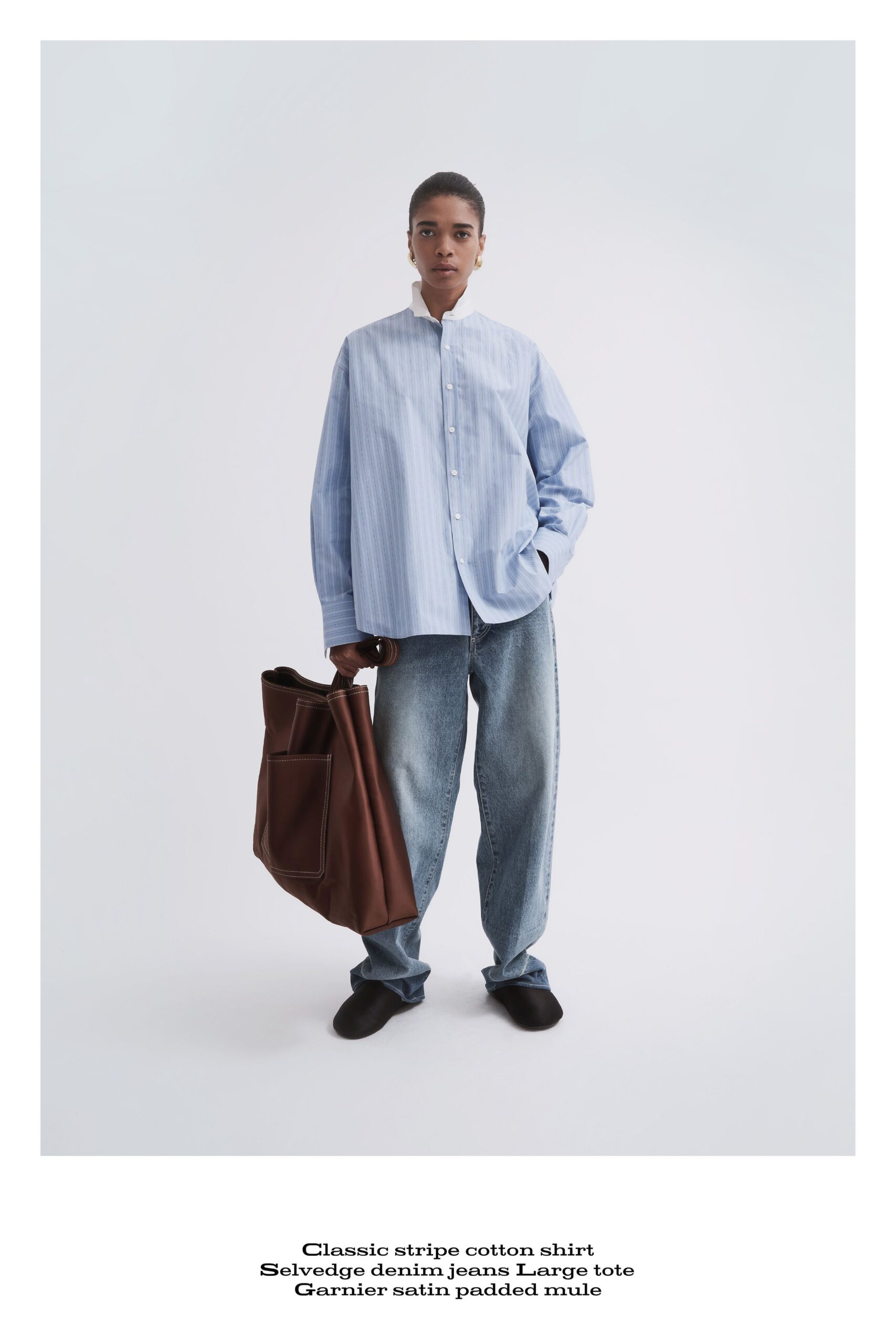blue and white striped shirt with denim pants