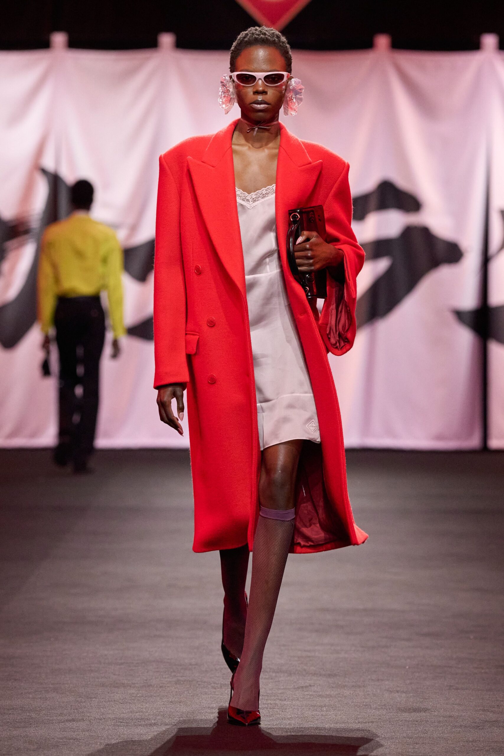 red long-sleeve double-breasted oversized coat