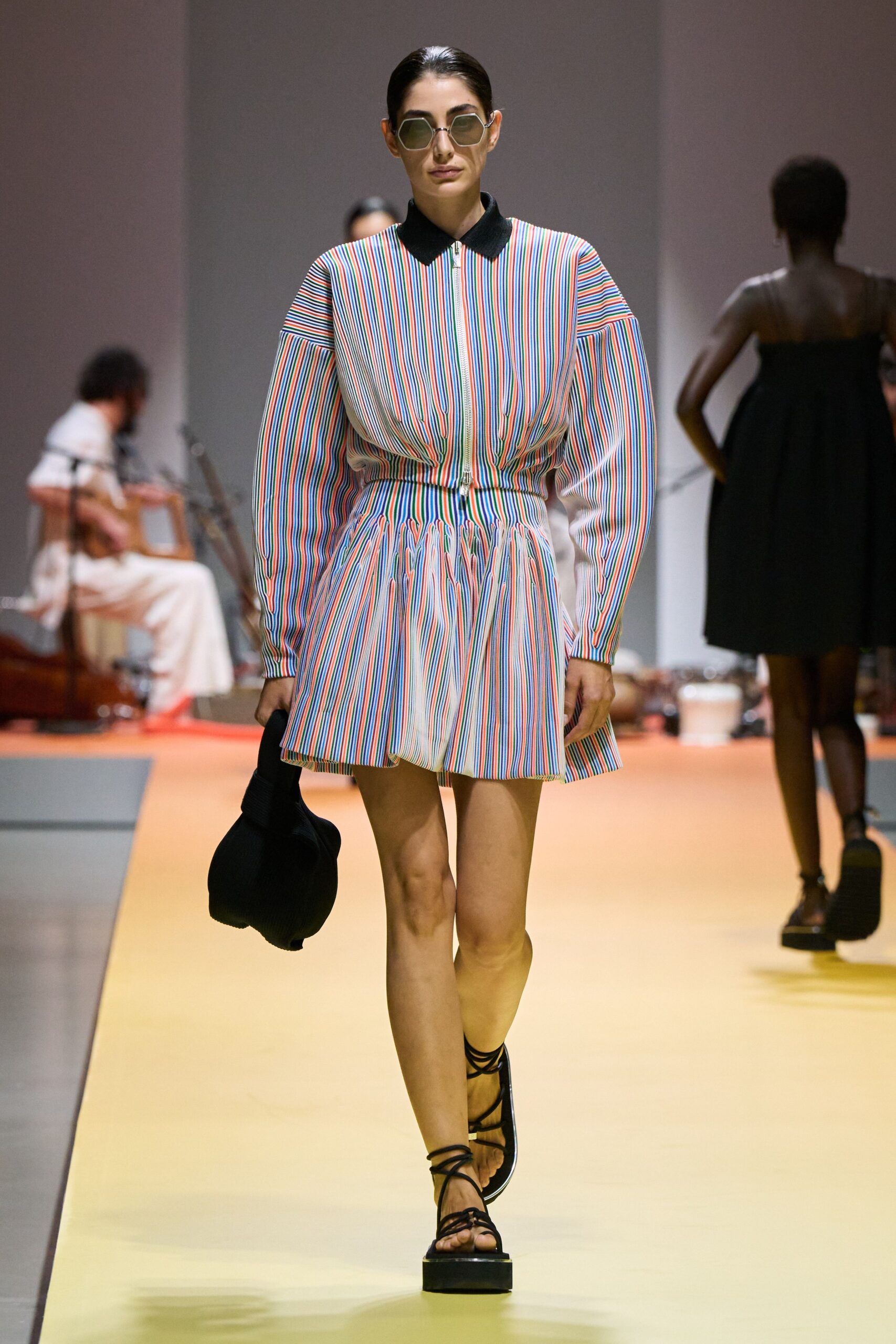 multi cotton long-sleeve collared fitted striped pleated dress