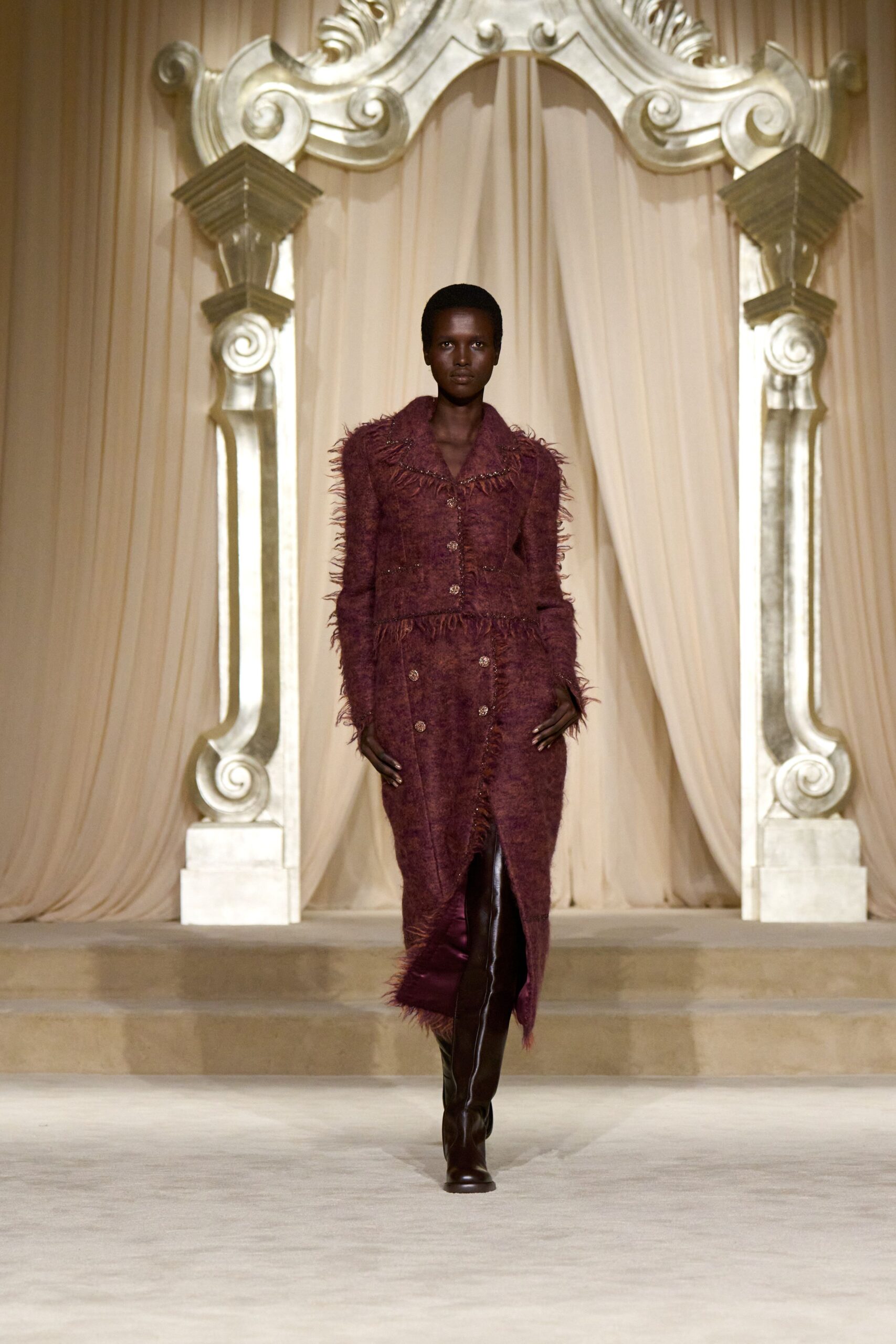 maroon wool long-sleeve collared fitted fringed midi coat