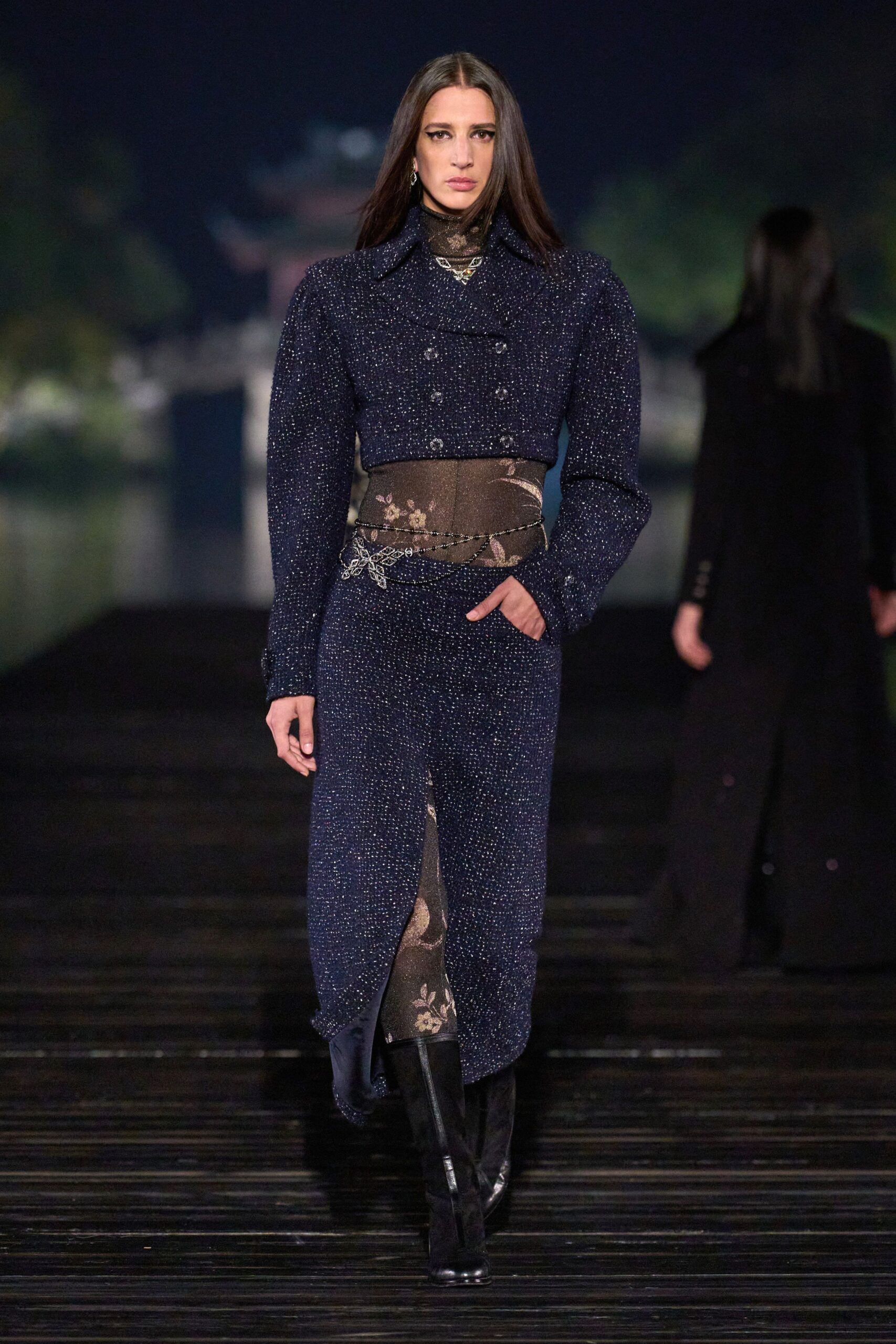 navy silk long-sleeve dress with boots